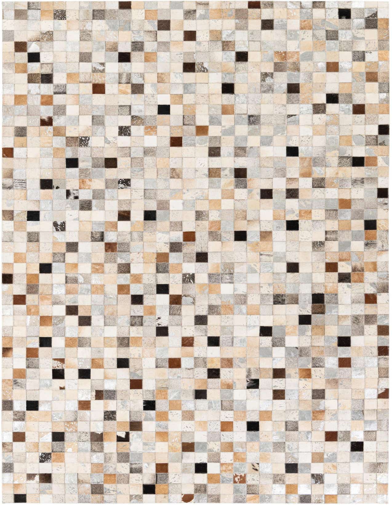 A 5x8 rectangular Cowhide Stocks rug by Rugs.com, featuring a modern patchwork of multi-colored cowhide squares in various natural tones.