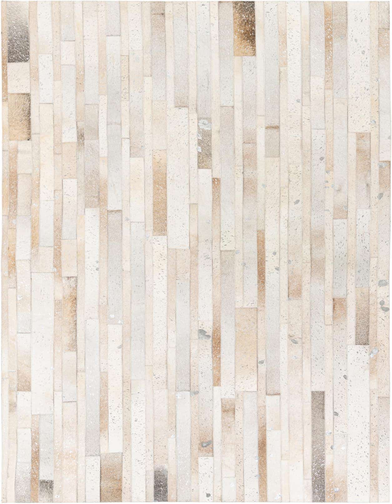 A rectangular 5x8 modern rug made from multi-colored cowhide and leather strips, showcasing natural variations in cream, beige, and light brown tones.