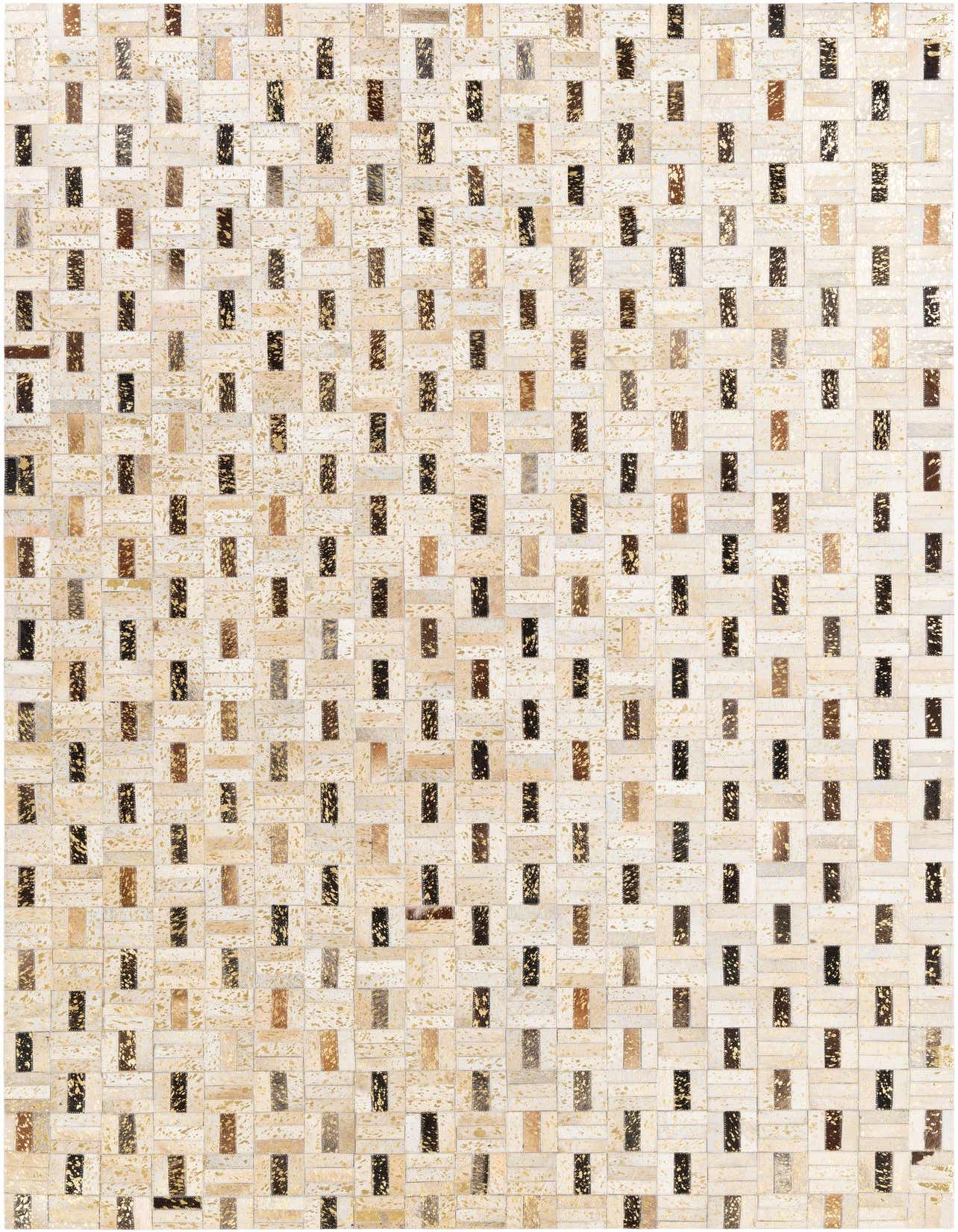 A rectangular 5x8 modern cowhide rug featuring a multi-colored patchwork pattern with natural light and dark brown tones.