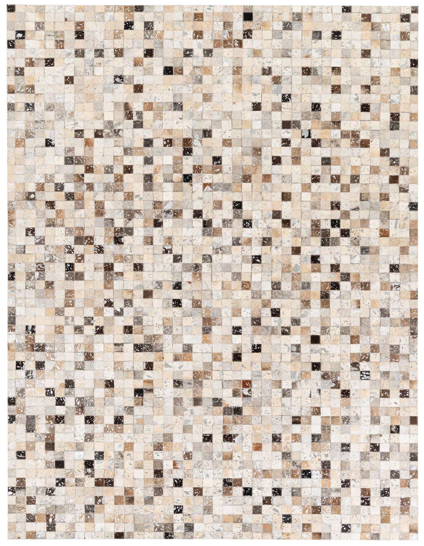 A 5x8 rectangular Cowhide Stocks rug from Rugs.com featuring a modern patchwork of multi-colored cowhide and leather squares.