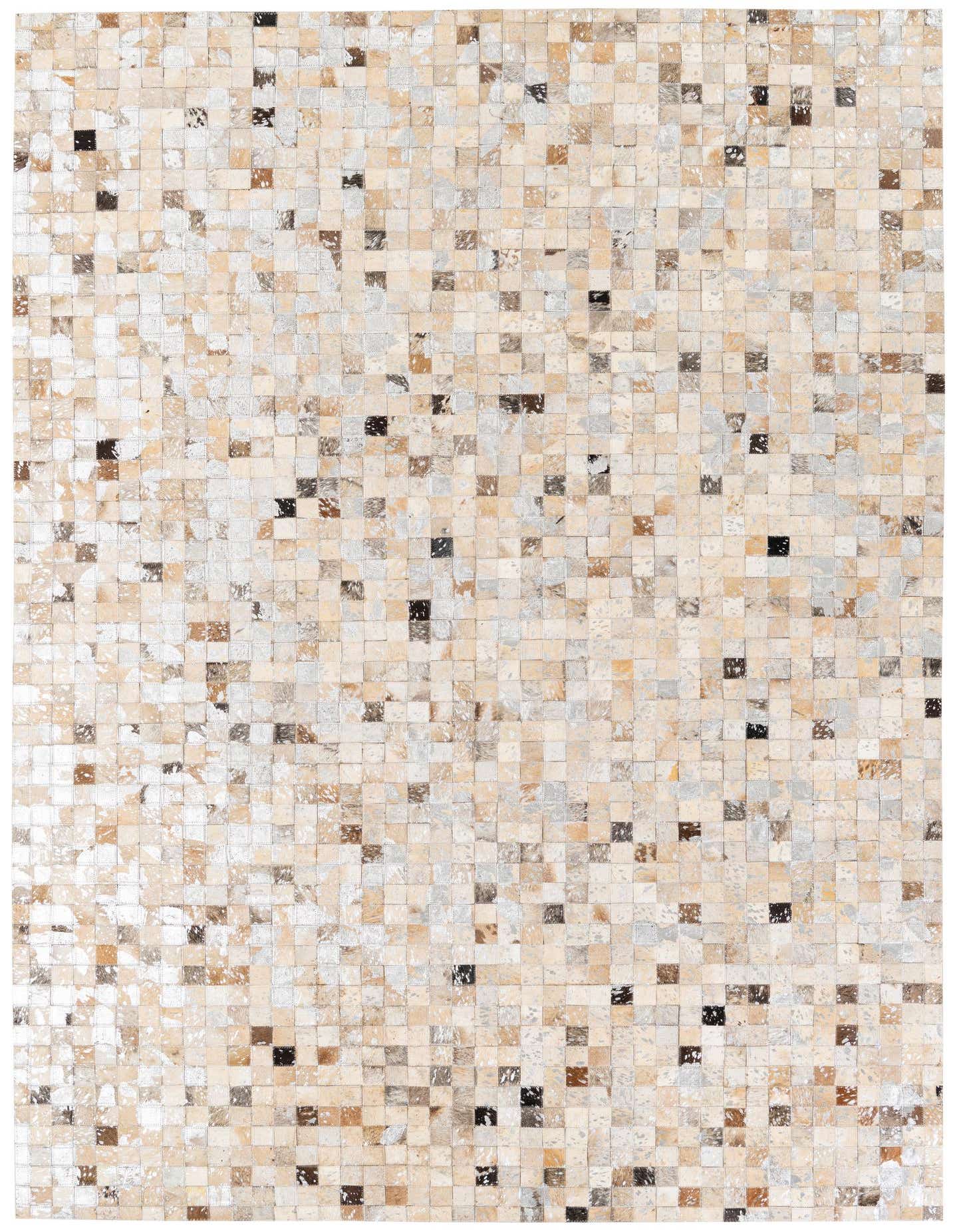 A 5x8 rectangular Cowhide Stocks rug from Rugs.com, featuring a modern mosaic pattern of multi-colored cowhide and leather squares, ideal for a living room.