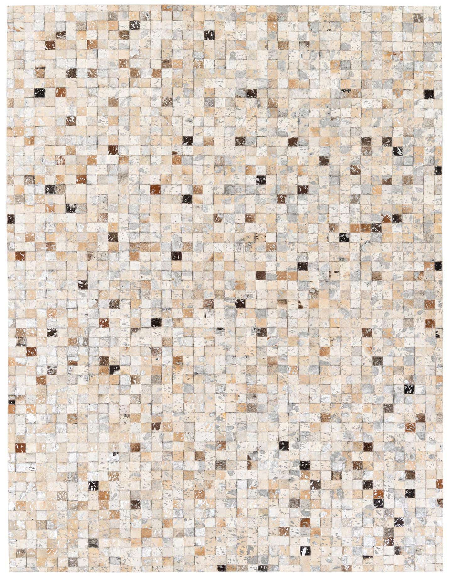 A 5x8 rectangular Cowhide Stocks rug featuring a modern patchwork of multi-colored cowhide squares in various natural tones.