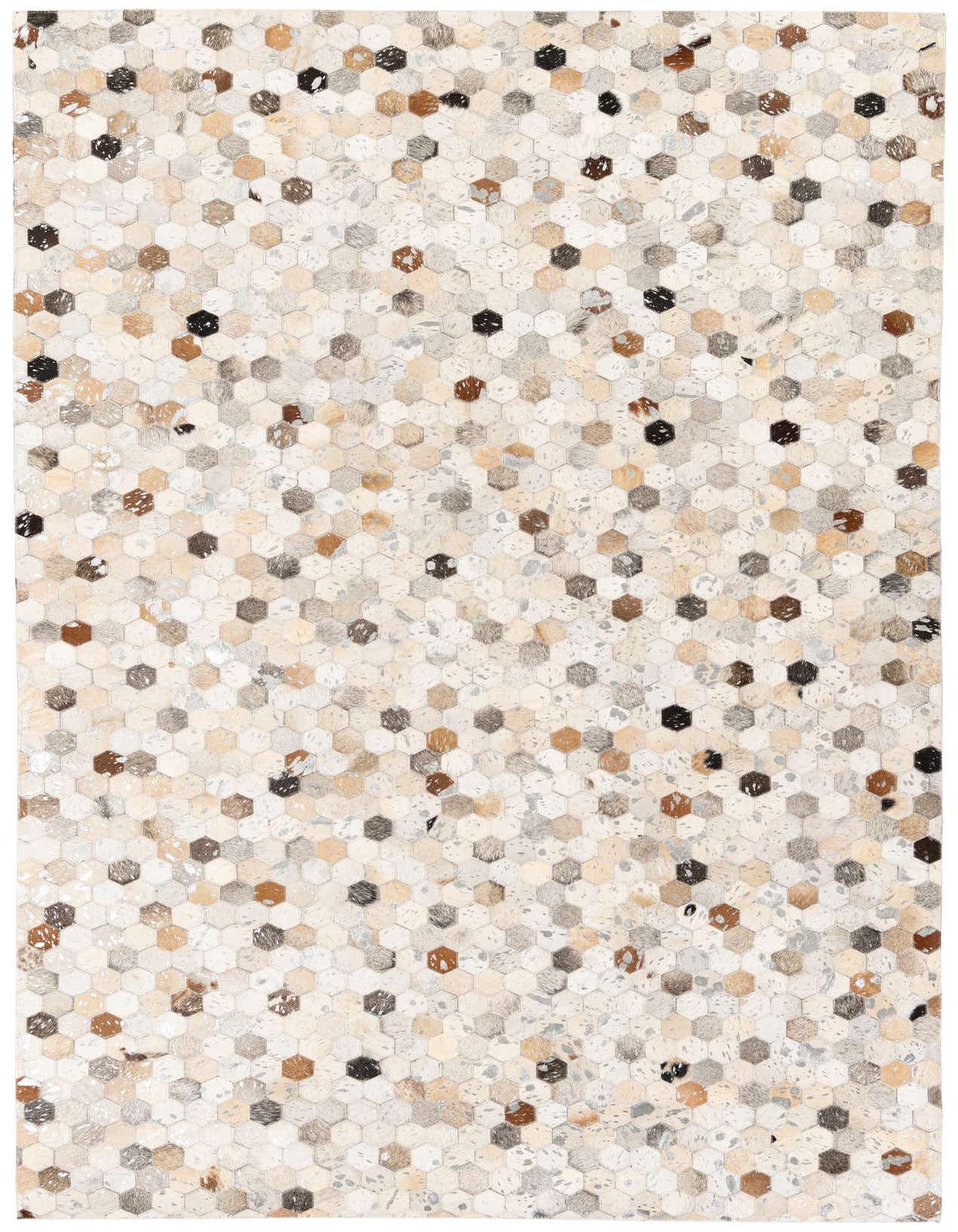 A 5x8 rectangular modern rug made from multi-colored cowhide and leather hexagons, perfect for a living room.