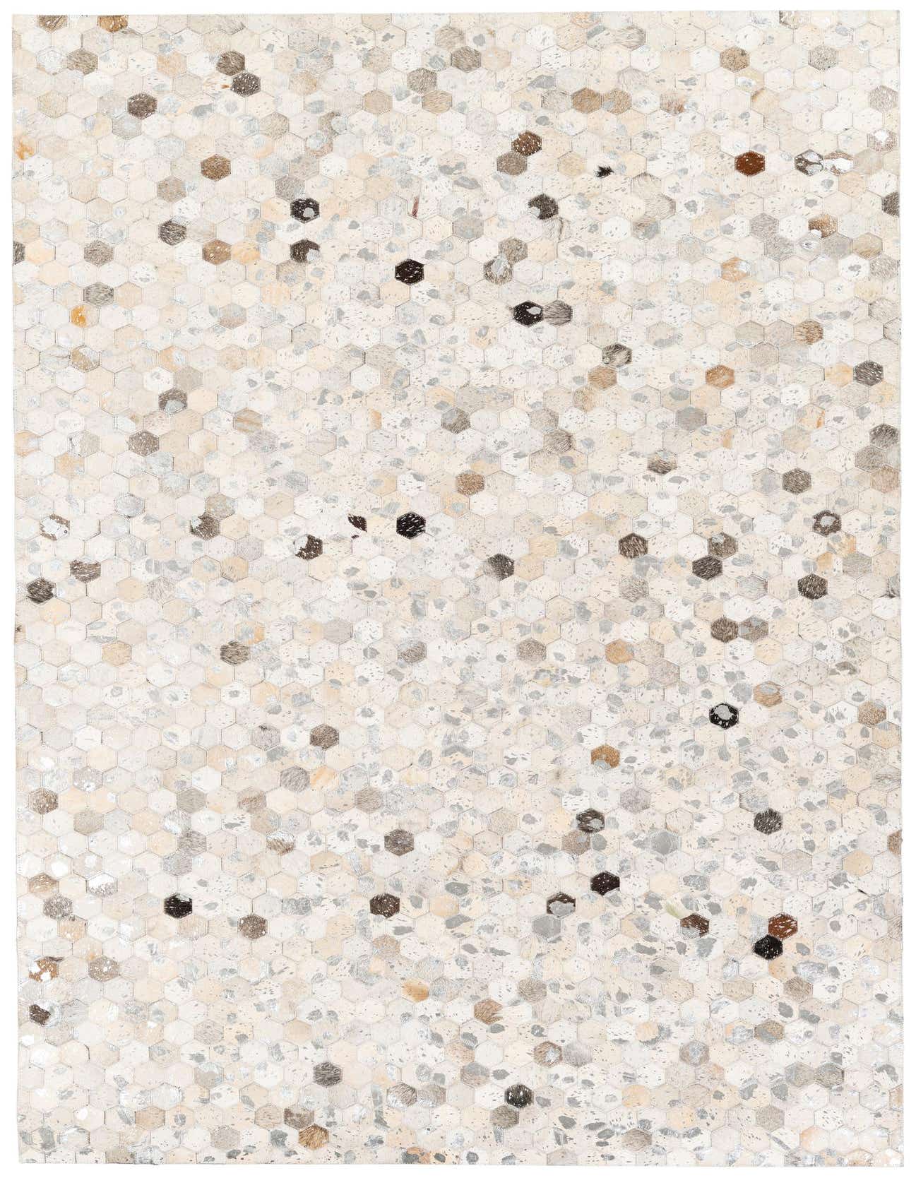 A rectangular 5x8 modern multi-colored cowhide rug featuring a mosaic of small hexagonal patches in varying natural tones.
