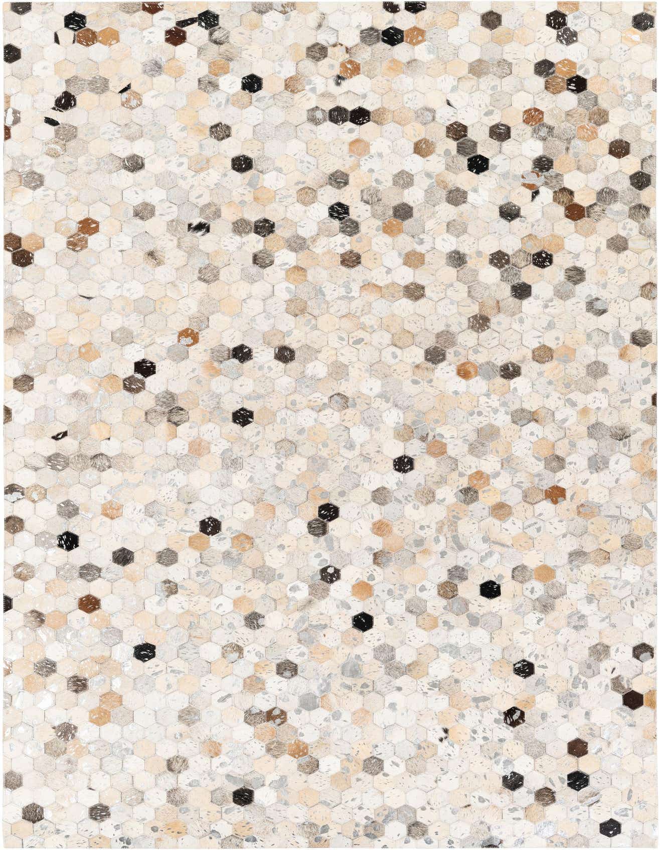 A 5x8 rectangular Cowhide Stocks rug featuring a modern multi-colored hexagonal pattern in shades of cream, beige, brown, and black.