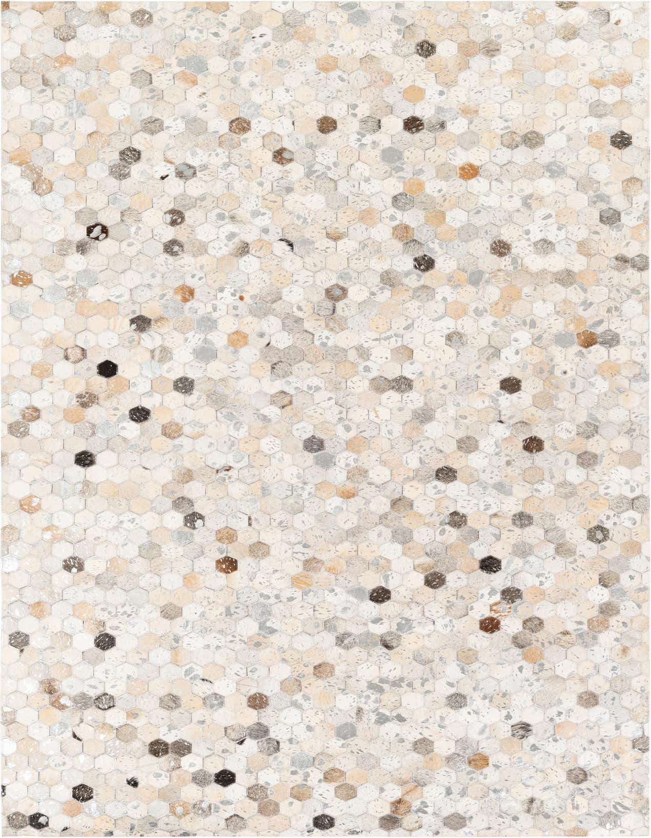 A 5x8 rectangular Cowhide Stocks rug featuring a modern multi-colored hexagonal pattern in natural cowhide tones.