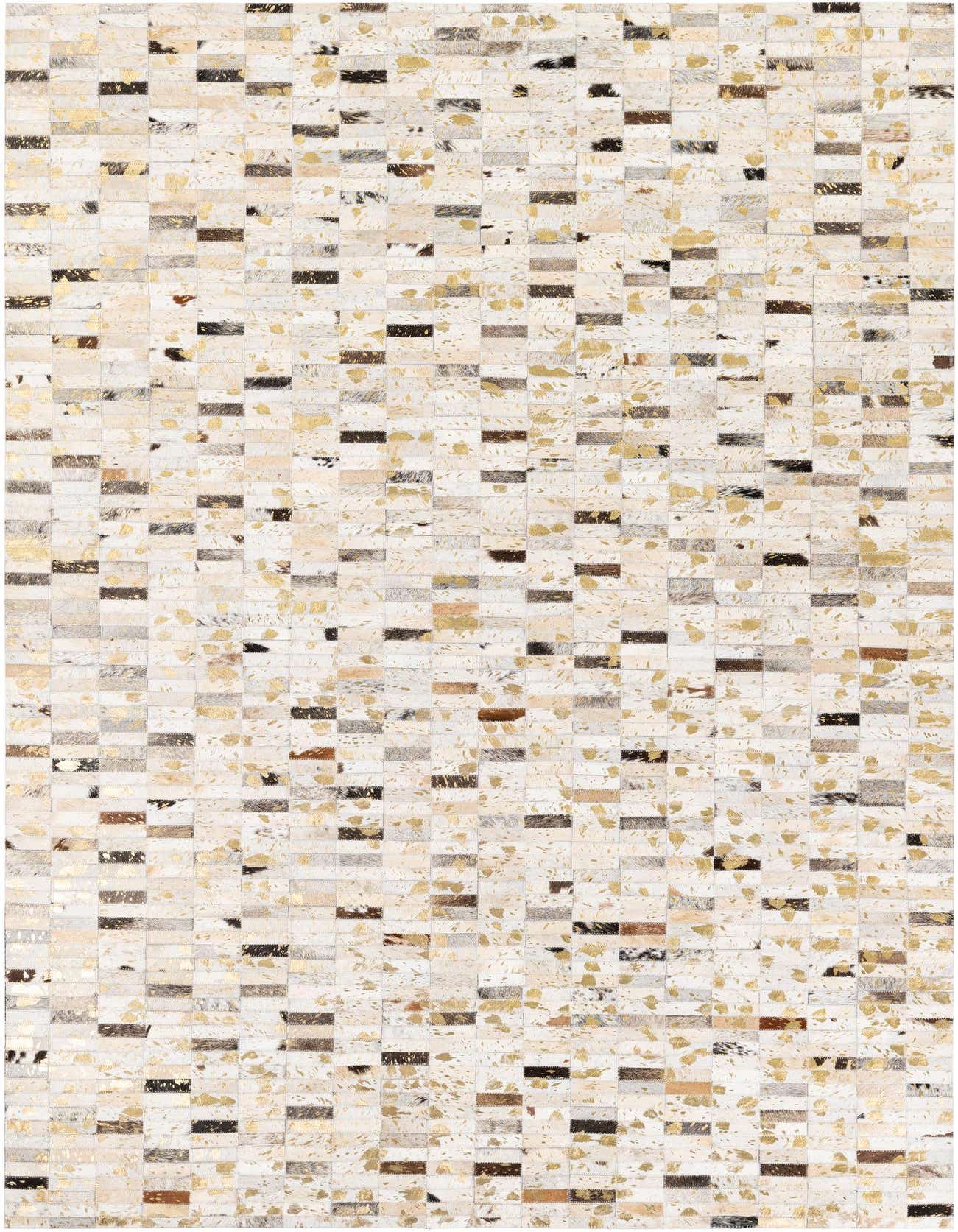 A rectangular 5x8 modern cowhide rug featuring a patchwork of multi-colored natural hide pieces with metallic gold accents.