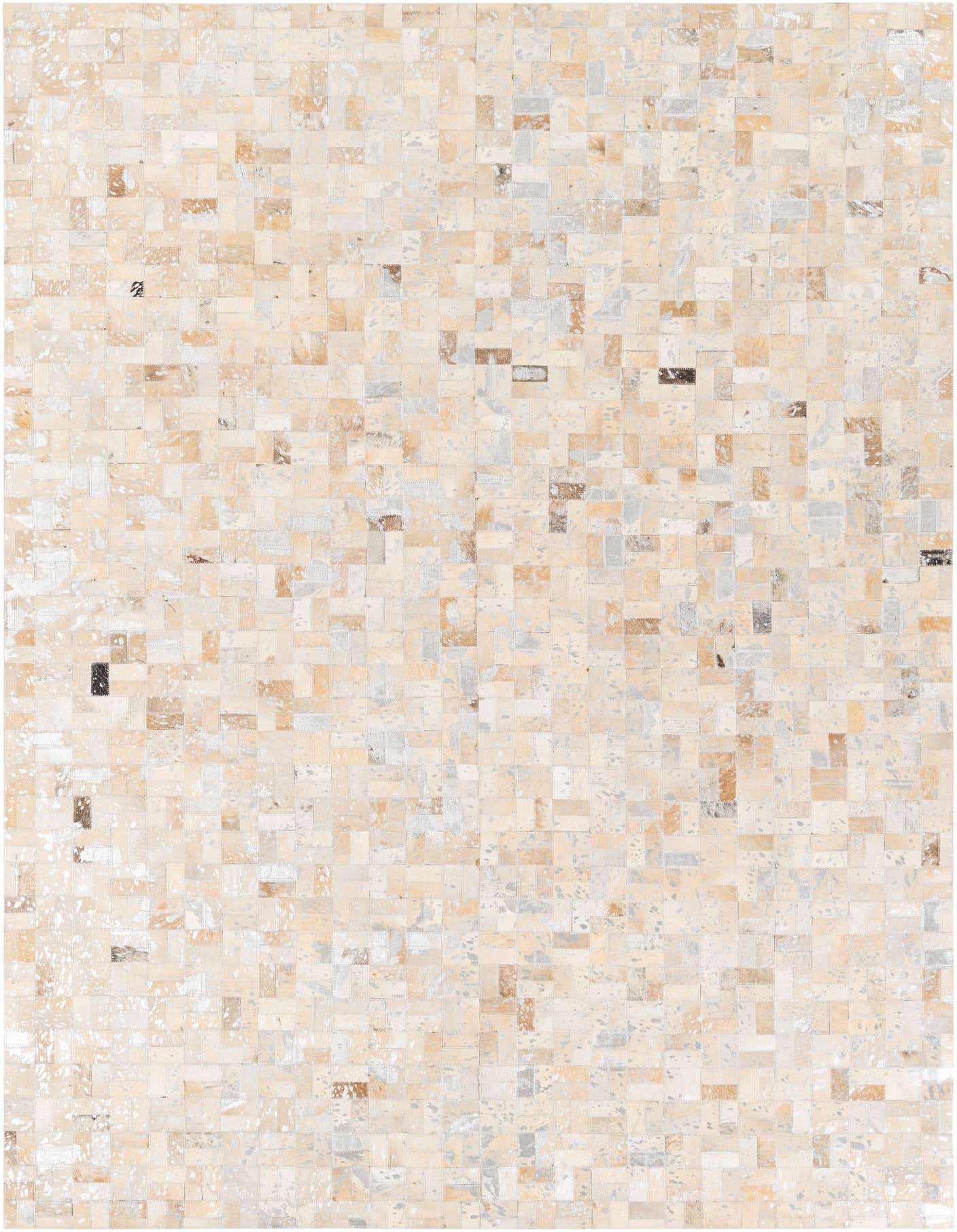 A rectangular 5x8 modern cowhide rug featuring a mosaic pattern of multi-colored natural leather squares.