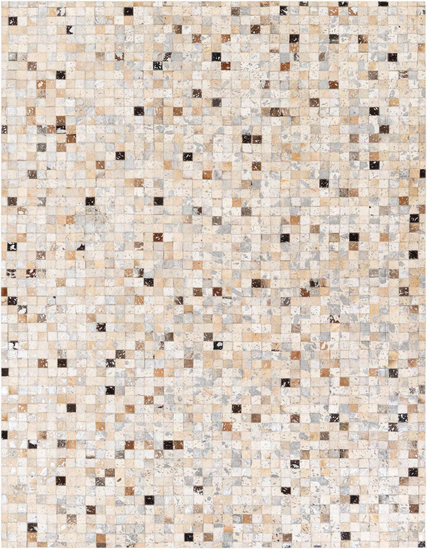 A rectangular 5x8 modern cowhide rug featuring a mosaic pattern of multi-colored squares in natural brown, beige, cream, and gray tones.