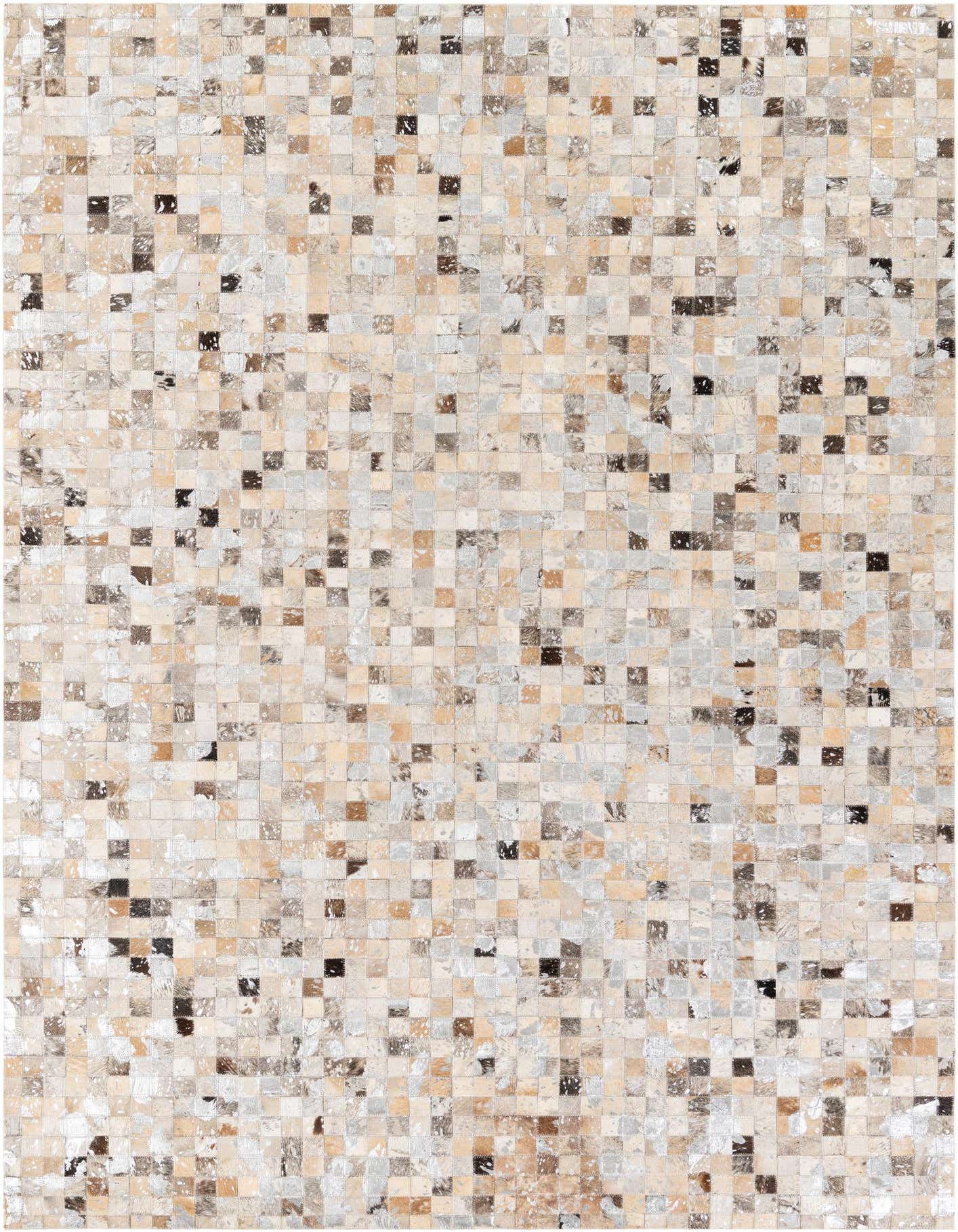 A 5x8 rectangular Cowhide Stocks rug by Rugs.com, featuring a modern patchwork of multi-colored cowhide squares in various natural tones.