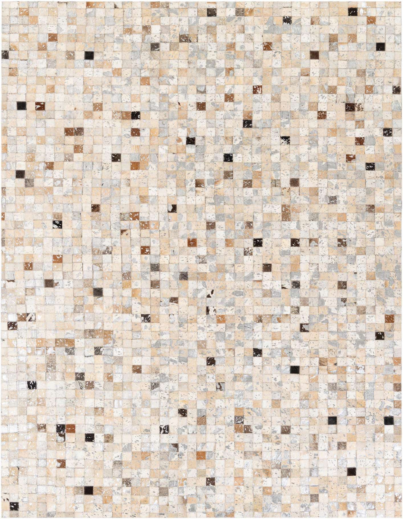 A 5x8 rectangular, multi-colored modern cowhide rug with a patchwork design of light beige, brown, and black squares.
