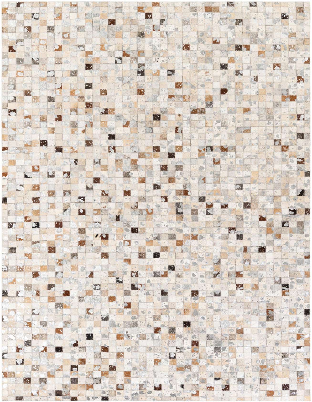 A rectangular 5x8 modern multi-colored cowhide rug with a patchwork of small squares in varying natural tones of cream, brown, and grey.
