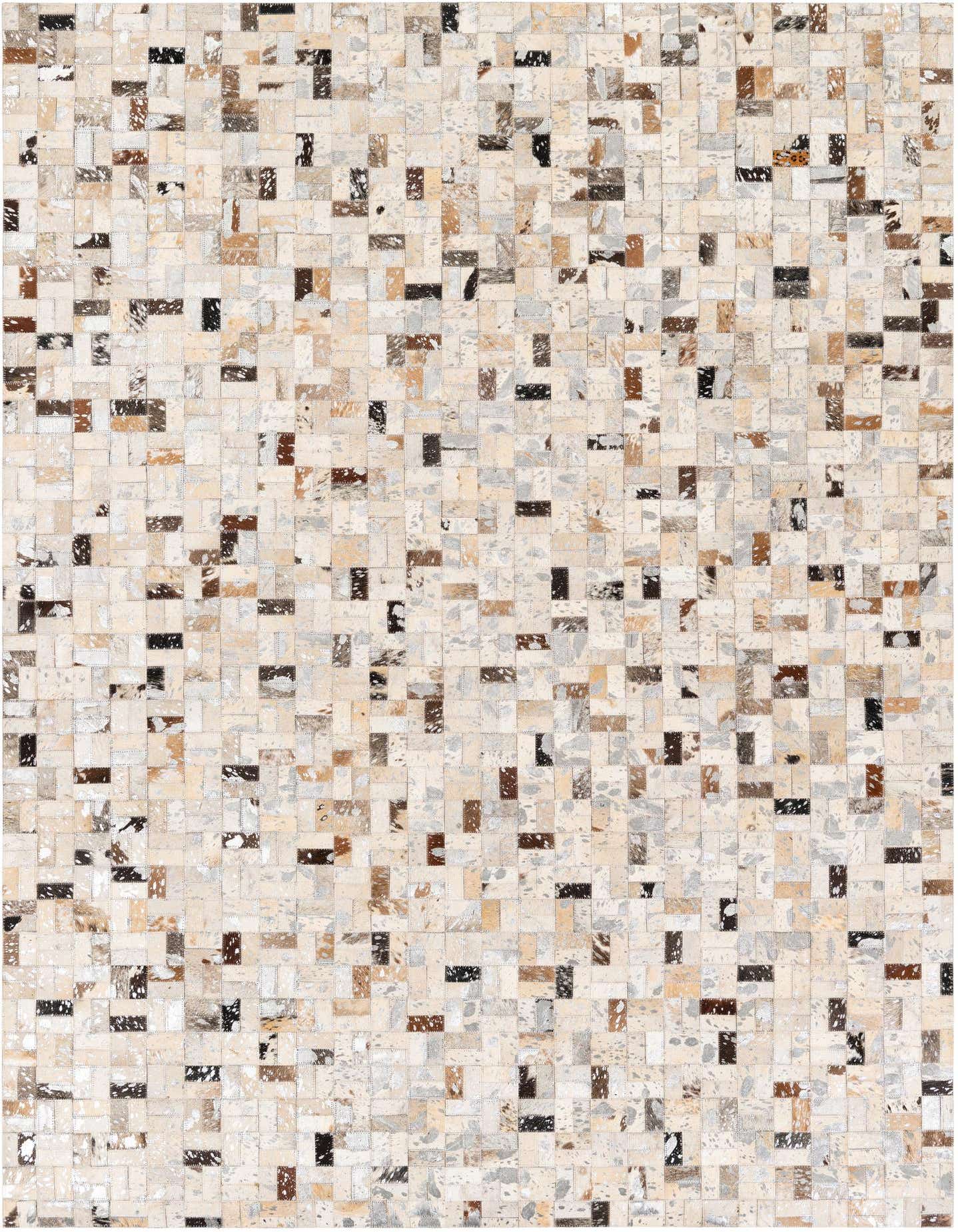 A rectangular 5x8 modern cowhide rug in multi-colored patchwork, featuring various shades of brown, beige, and white.