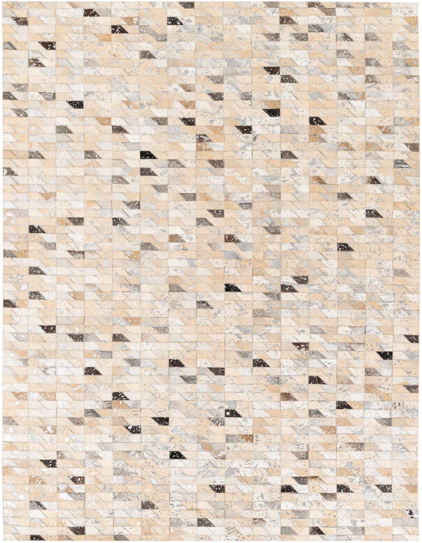 A 5x8 rectangular Cowhide Stocks rug by Rugs.com with a modern multi-colored patchwork pattern, ideal for a living room.
