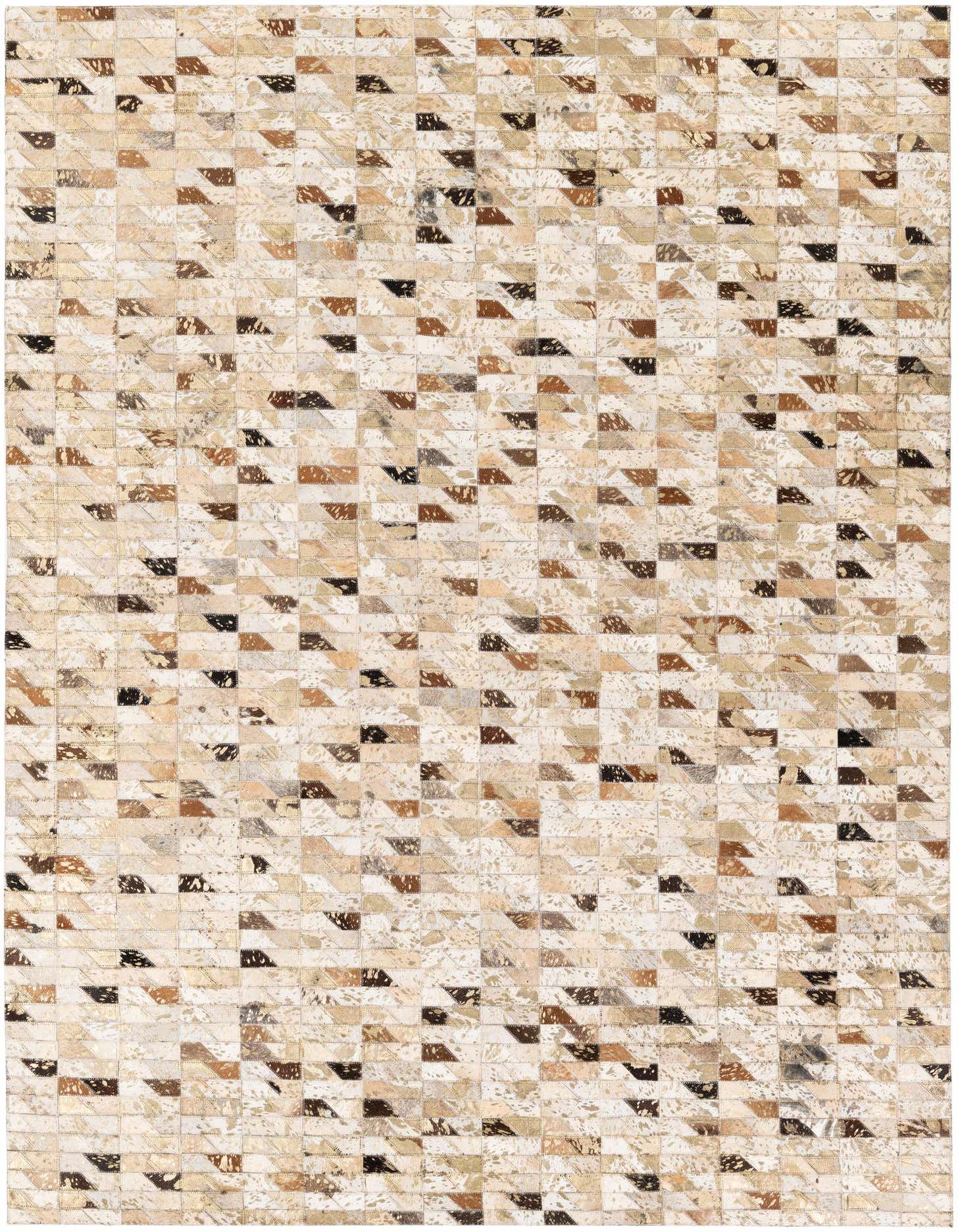 A 5x8 rectangular Cowhide Stocks rug featuring a modern patchwork of multi-colored cowhide and leather squares.