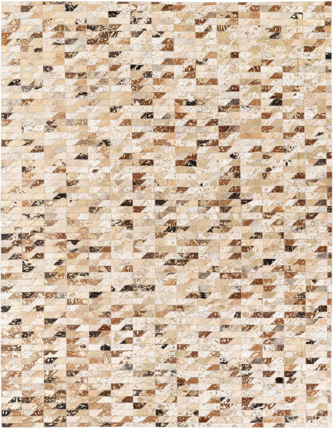 A rectangular 5x8 modern cowhide rug featuring a multi-colored patchwork design in various shades of brown, beige, and white.