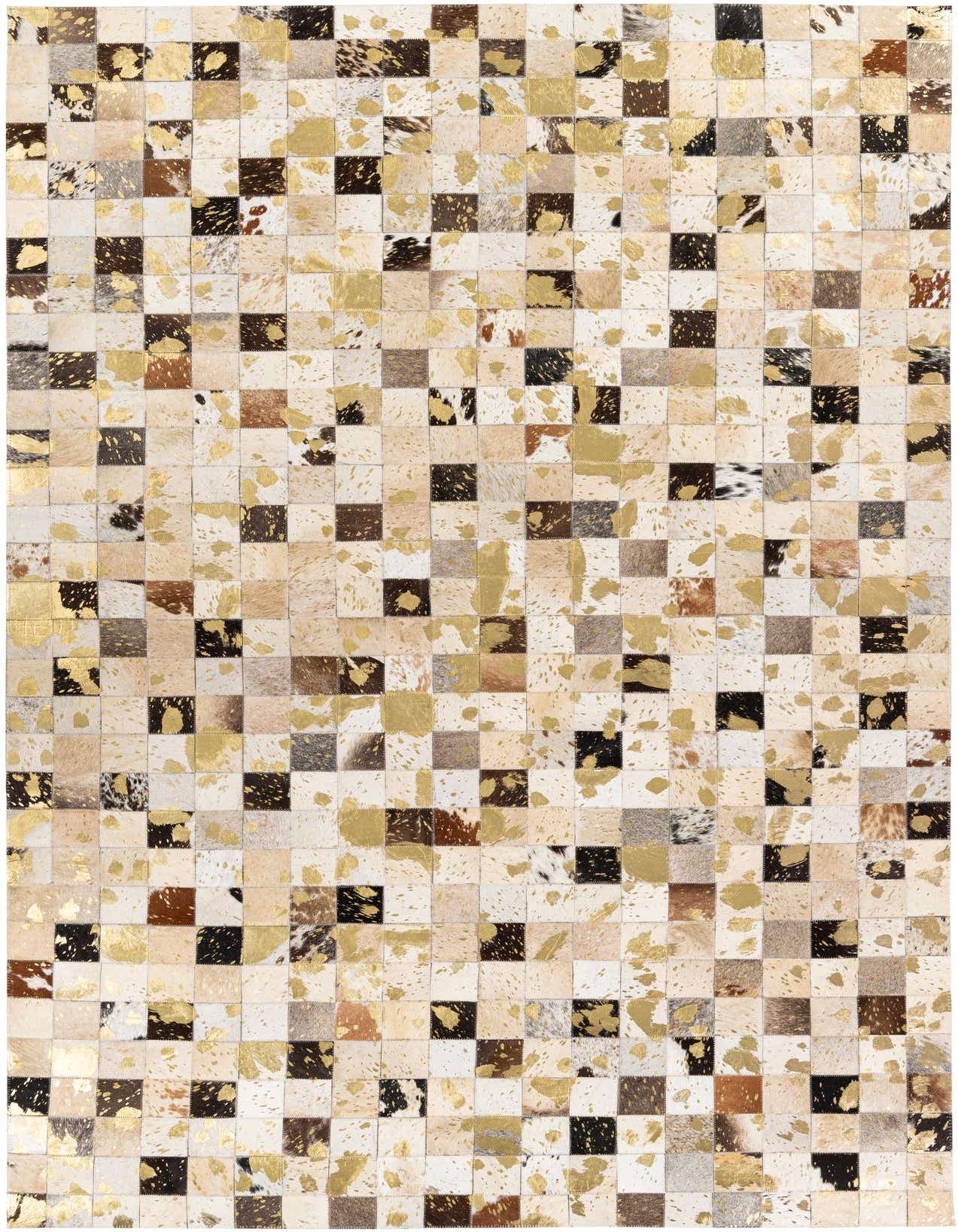 A 5x8 rectangular modern cowhide rug with a multi-colored patchwork pattern of natural hides and gold metallic accents.