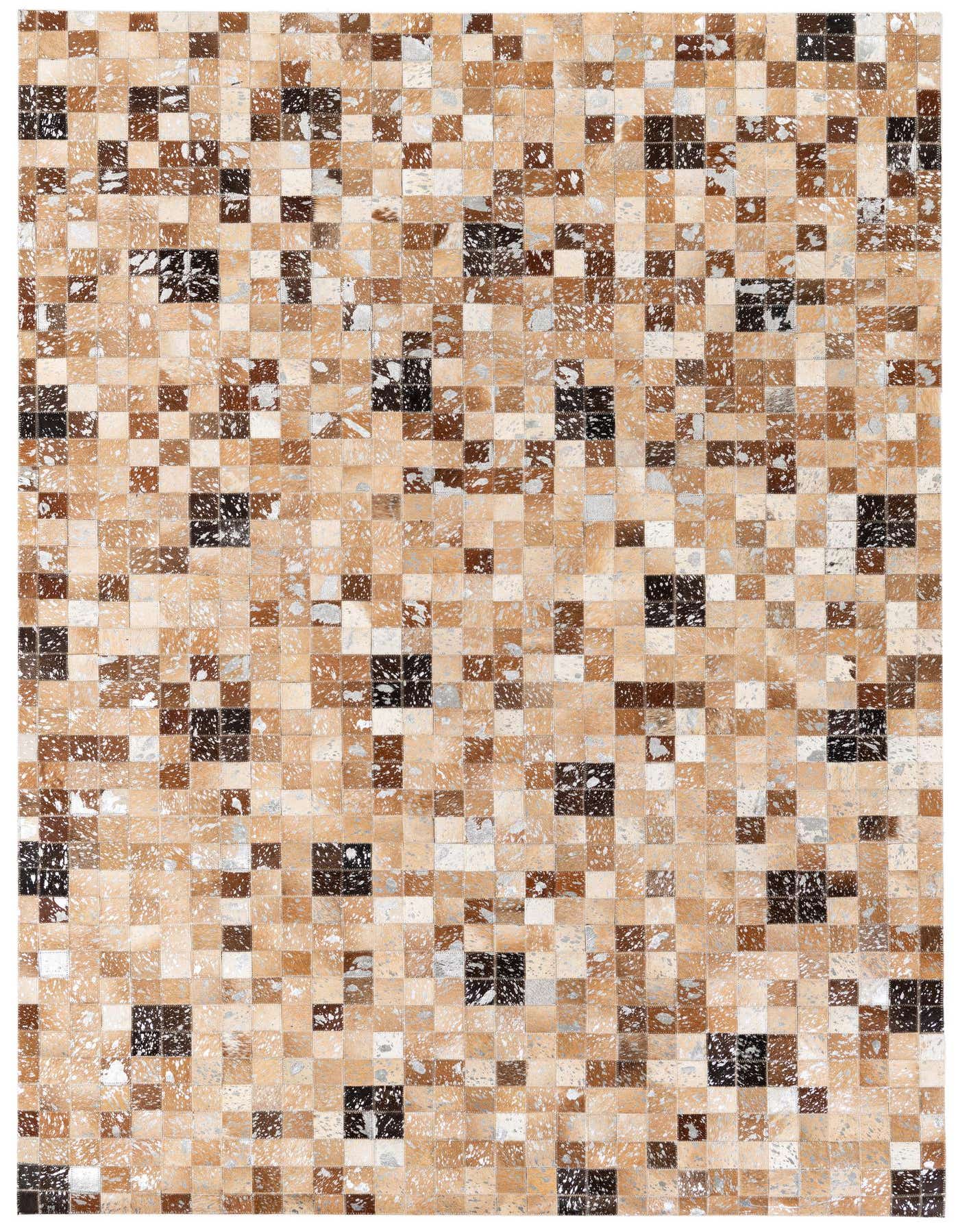 A rectangular 5x8 modern rug made from multi-colored cowhide and leather patches, featuring a mosaic-like pattern of various brown, black, and white speckled squares.