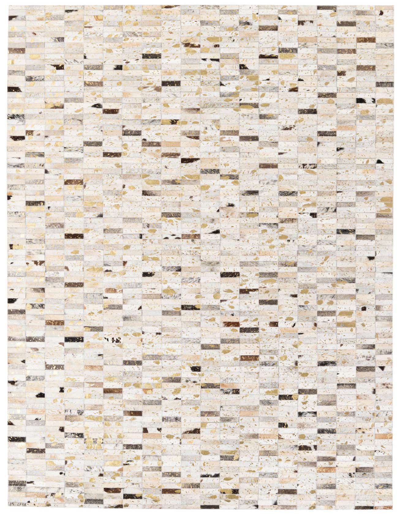 A 5x8 rectangular Cowhide Stocks rug featuring a modern patchwork of multi-colored cowhide and leather, with metallic gold accents.