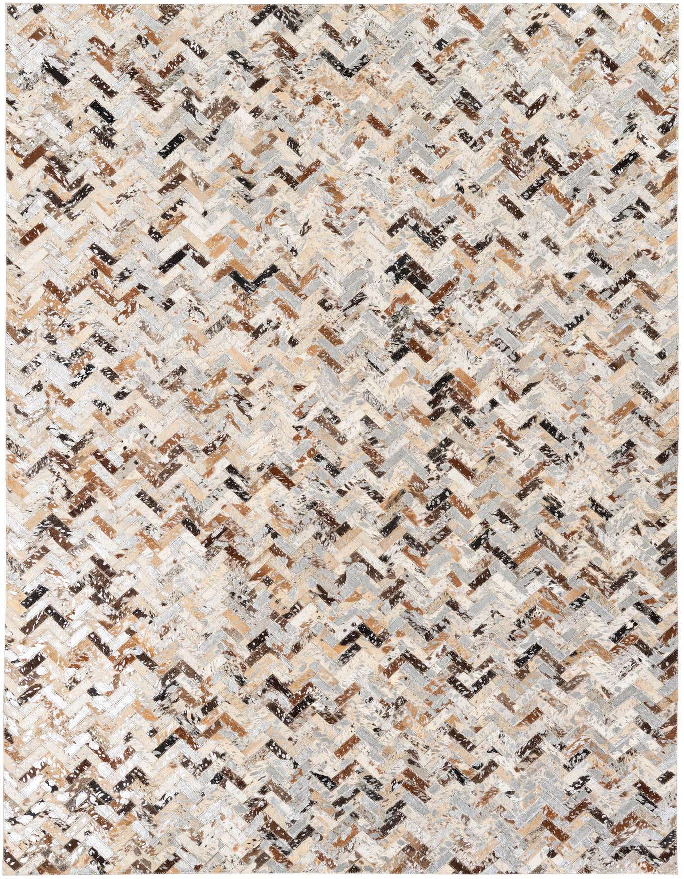 A rectangular 5x8 modern area rug featuring a multi-colored chevron stripe pattern made from cowhide and leather.