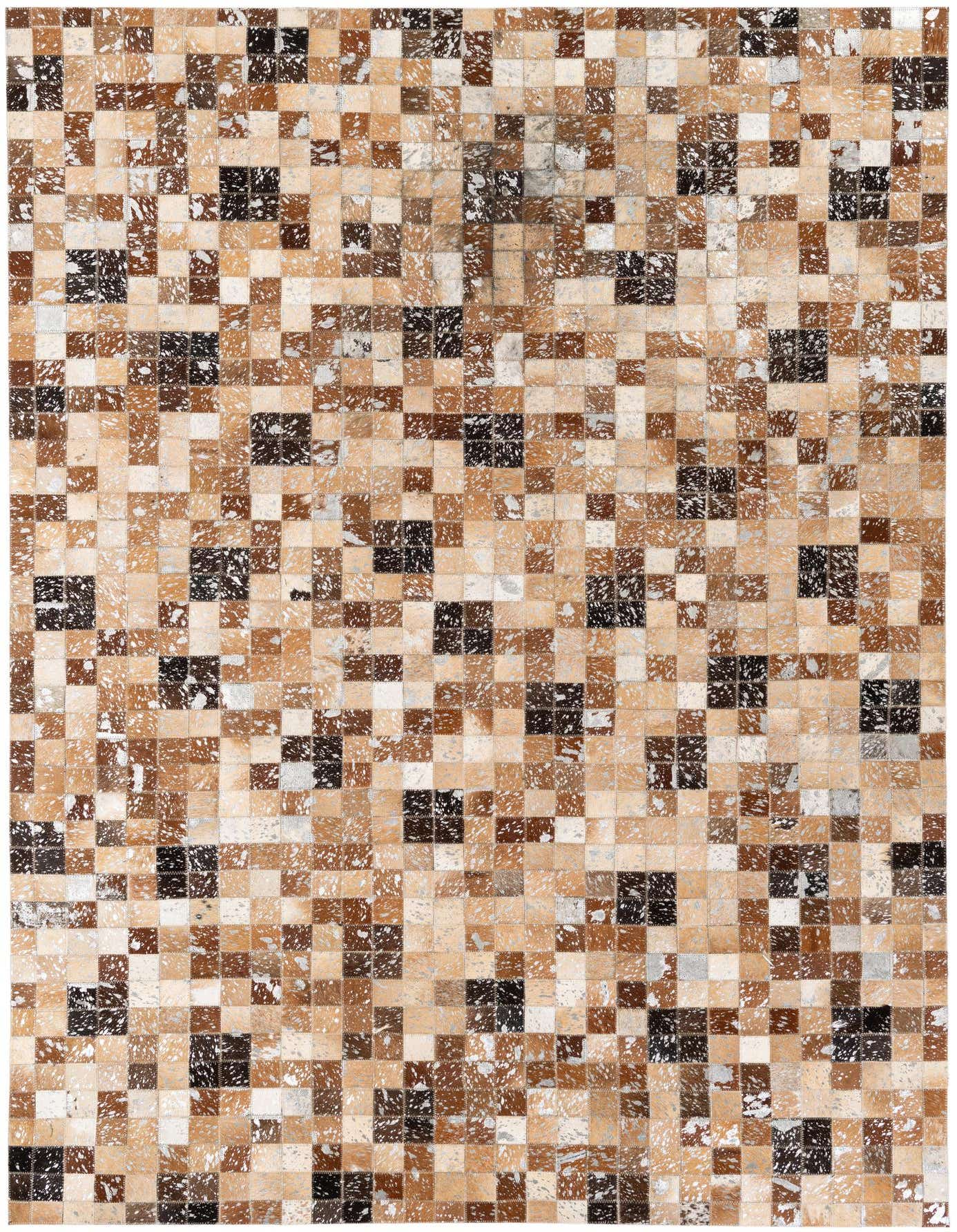A rectangular 5x8 modern cowhide rug featuring a patchwork of multi-colored squares in various shades of brown, black, and white.