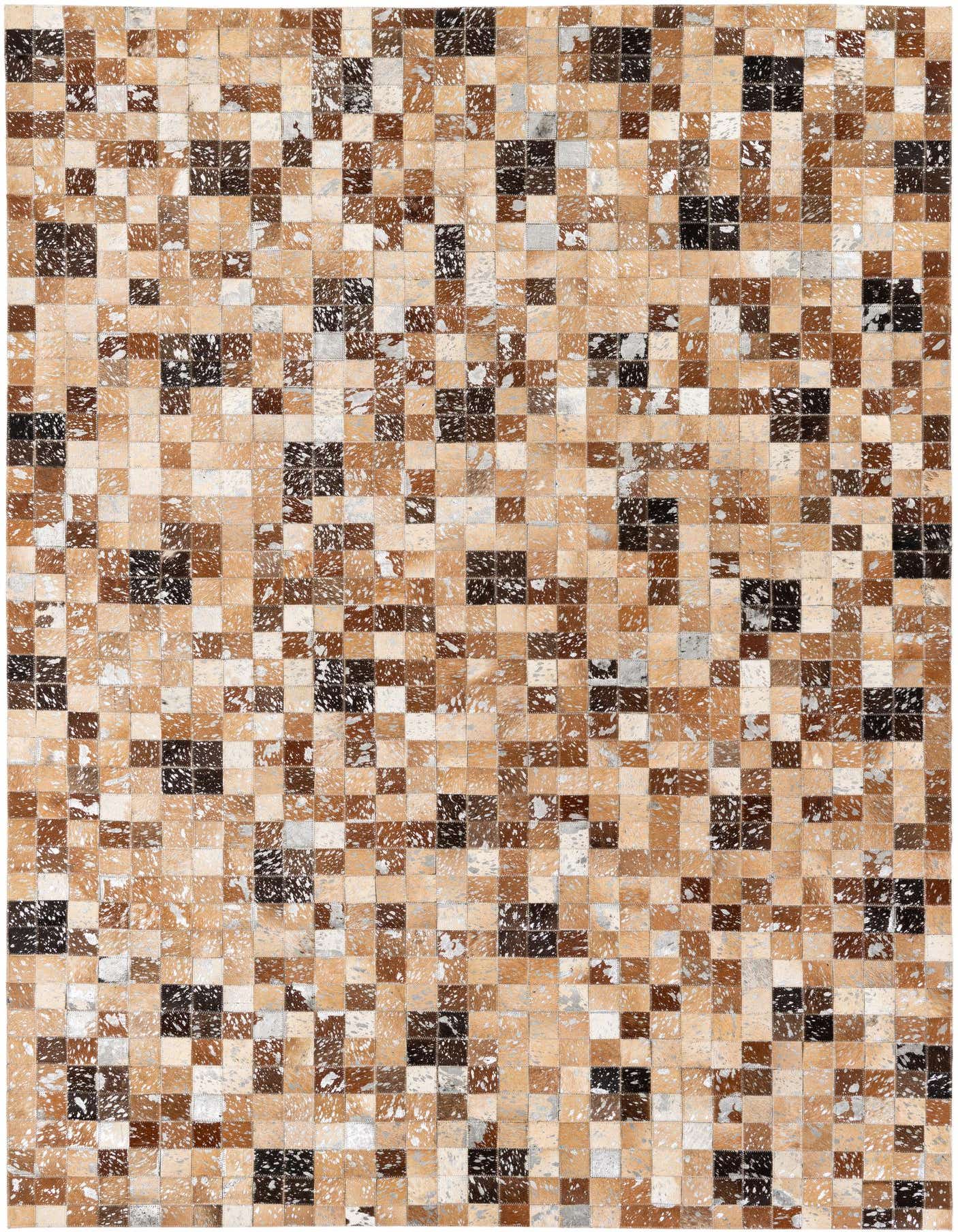 A 5x8 rectangular Cowhide Stocks rug featuring a modern patchwork of multi-colored cowhide squares in various shades of brown, black, and white.