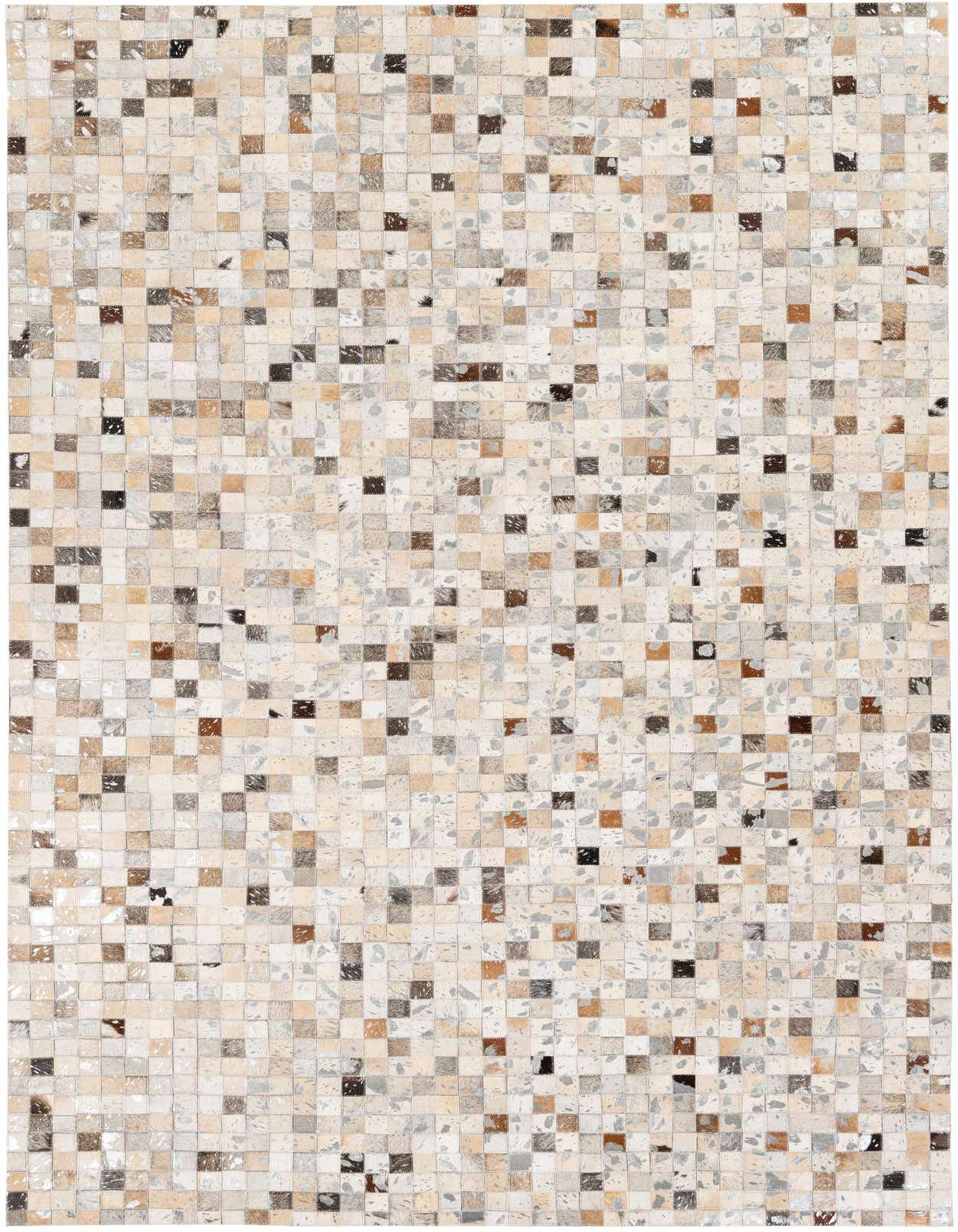 A 5x8 rectangular Cowhide Stocks rug featuring a modern patchwork of multi-colored squares in natural brown, beige, and white tones.