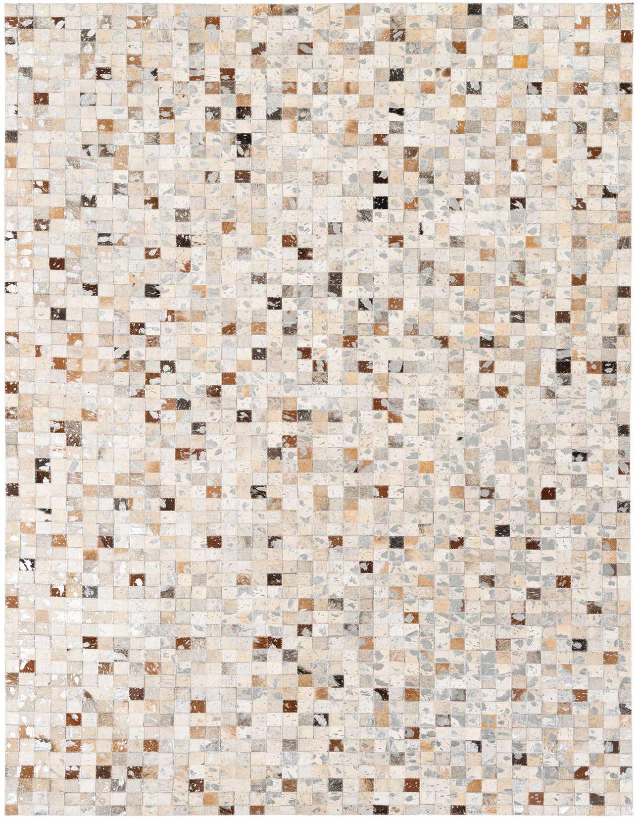 A 5x8 rectangular Cowhide Stocks rug featuring a modern patchwork of multi-colored cowhide and leather squares.
