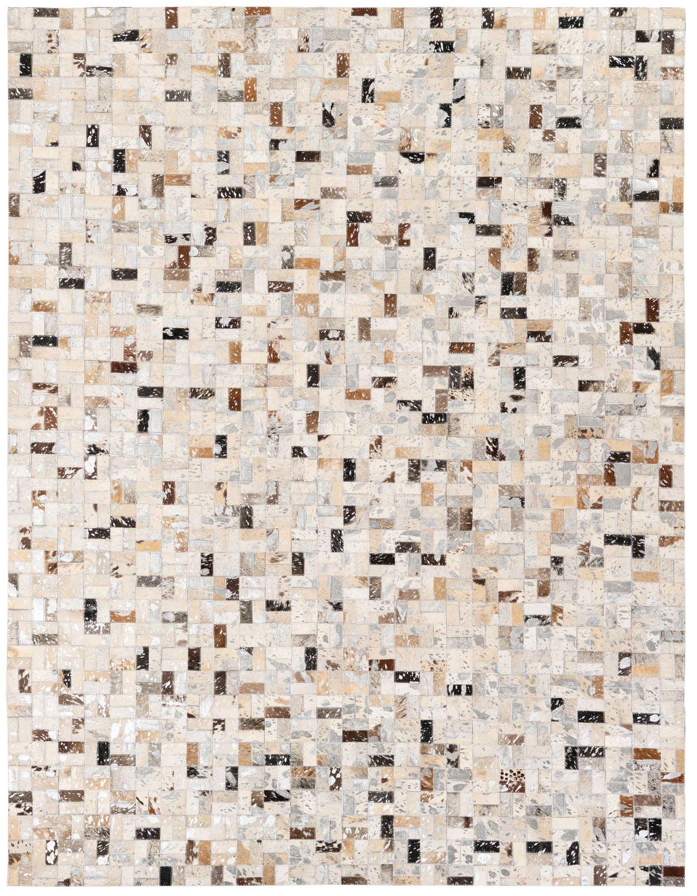 A rectangular 5x8 modern multi-colored cowhide rug with a patchwork design, ideal for a living room or bedroom.