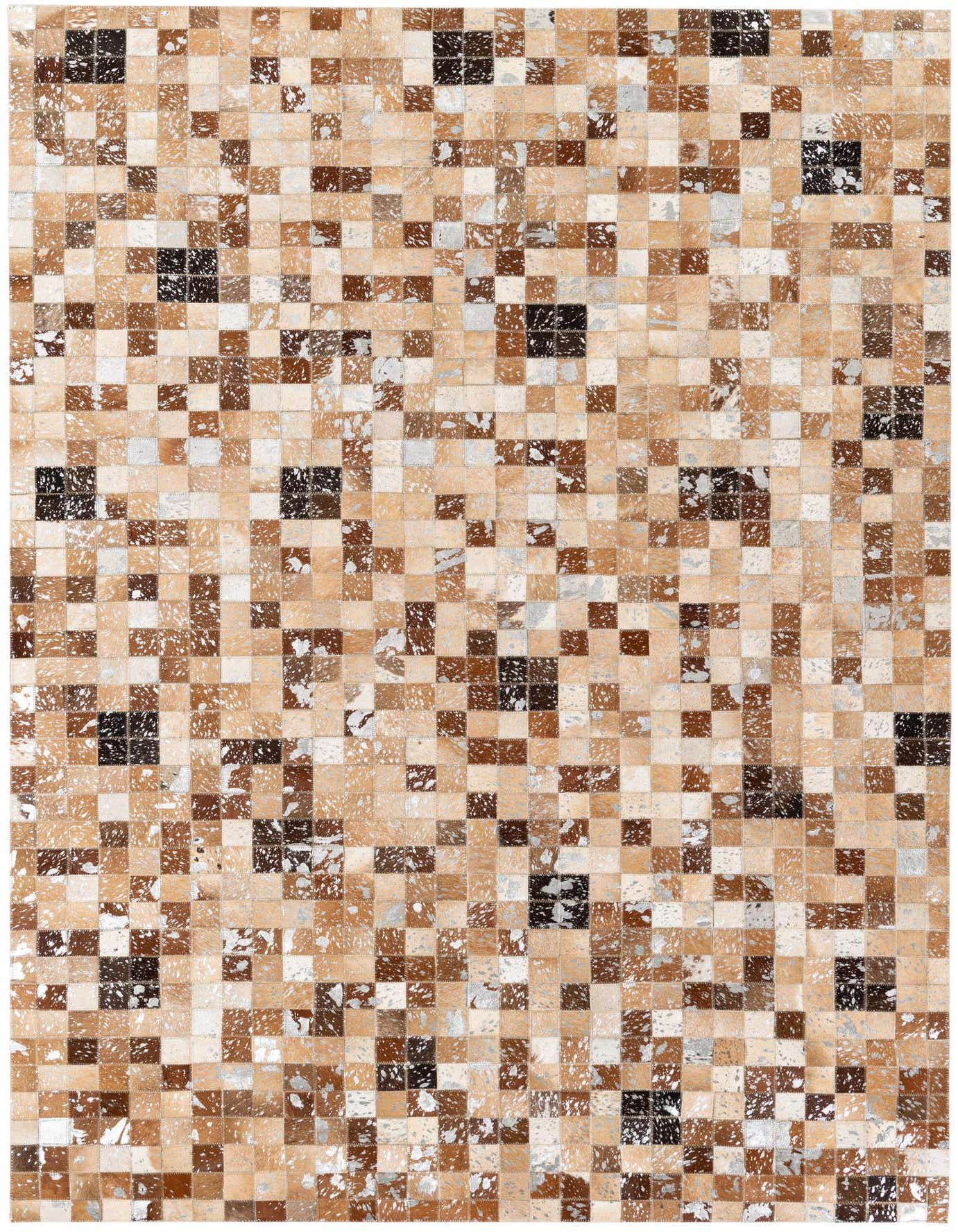 A 5x7 rectangular modern cowhide rug featuring a patchwork of multi-colored squares in shades of brown, white, and black.