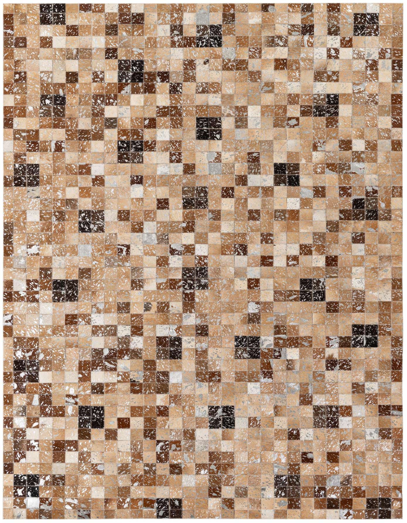 A rectangular 5x8 modern cowhide rug with a multi-colored patchwork design in various shades of brown, black, and white.