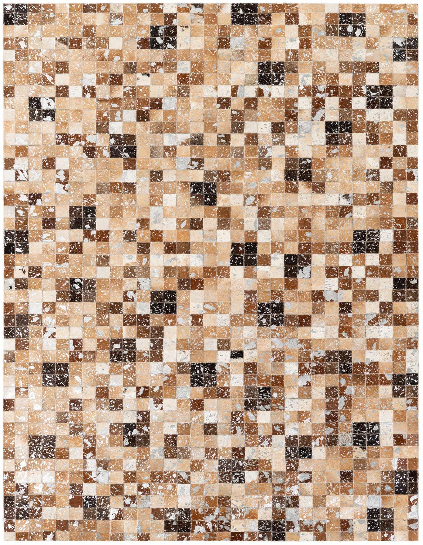 A rectangular 5x8 modern cowhide rug featuring a multi-colored patchwork design with shades of brown, black, and white.