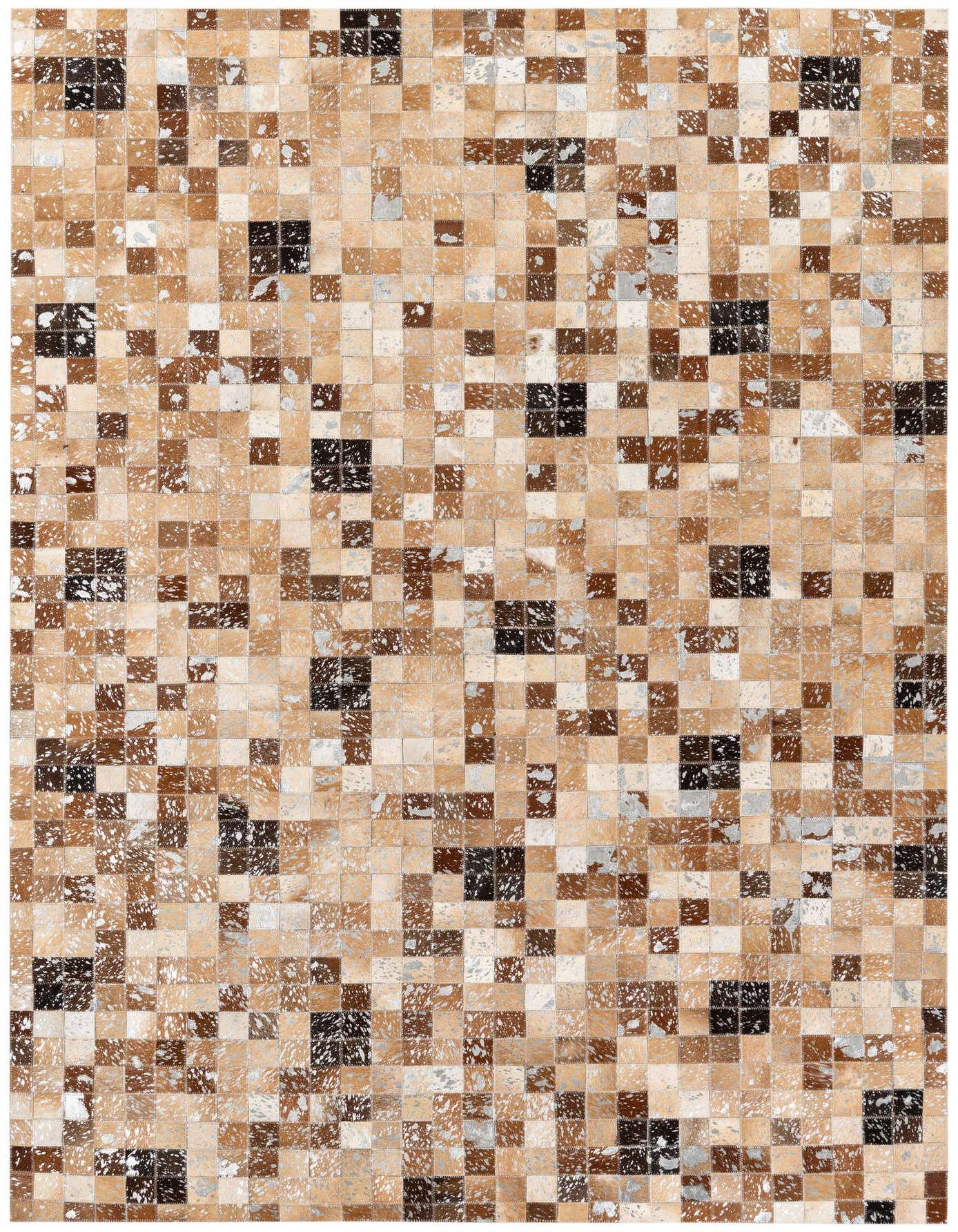 A 5x8 rectangular Cowhide Stocks rug featuring a multi-colored patchwork geometric pattern in various shades of brown, tan, black, and white.
