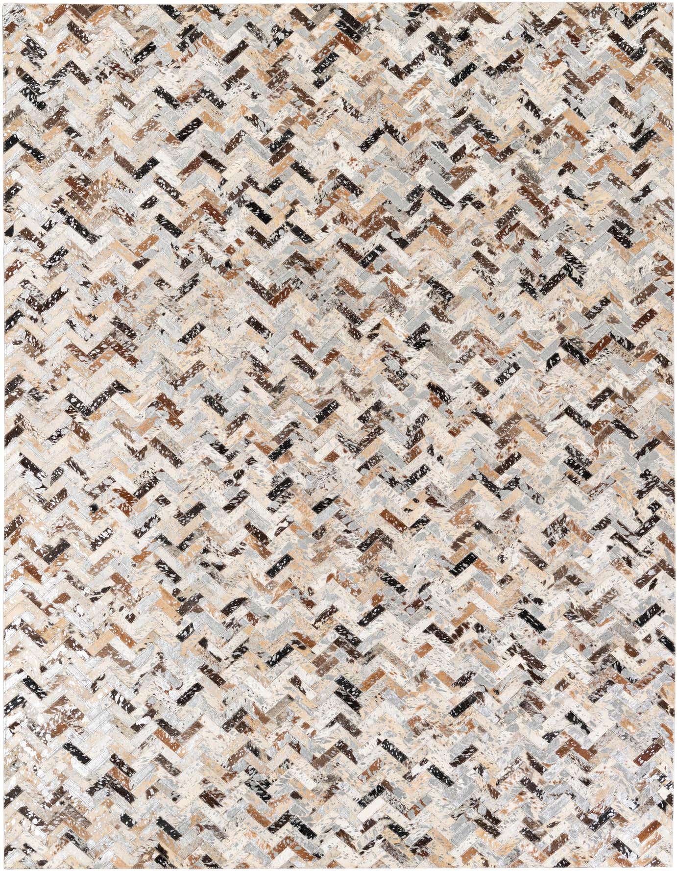A 5x8 rectangular Cowhide Stocks rug featuring a modern multi-colored herringbone pattern with shades of brown, black, white, and grey.