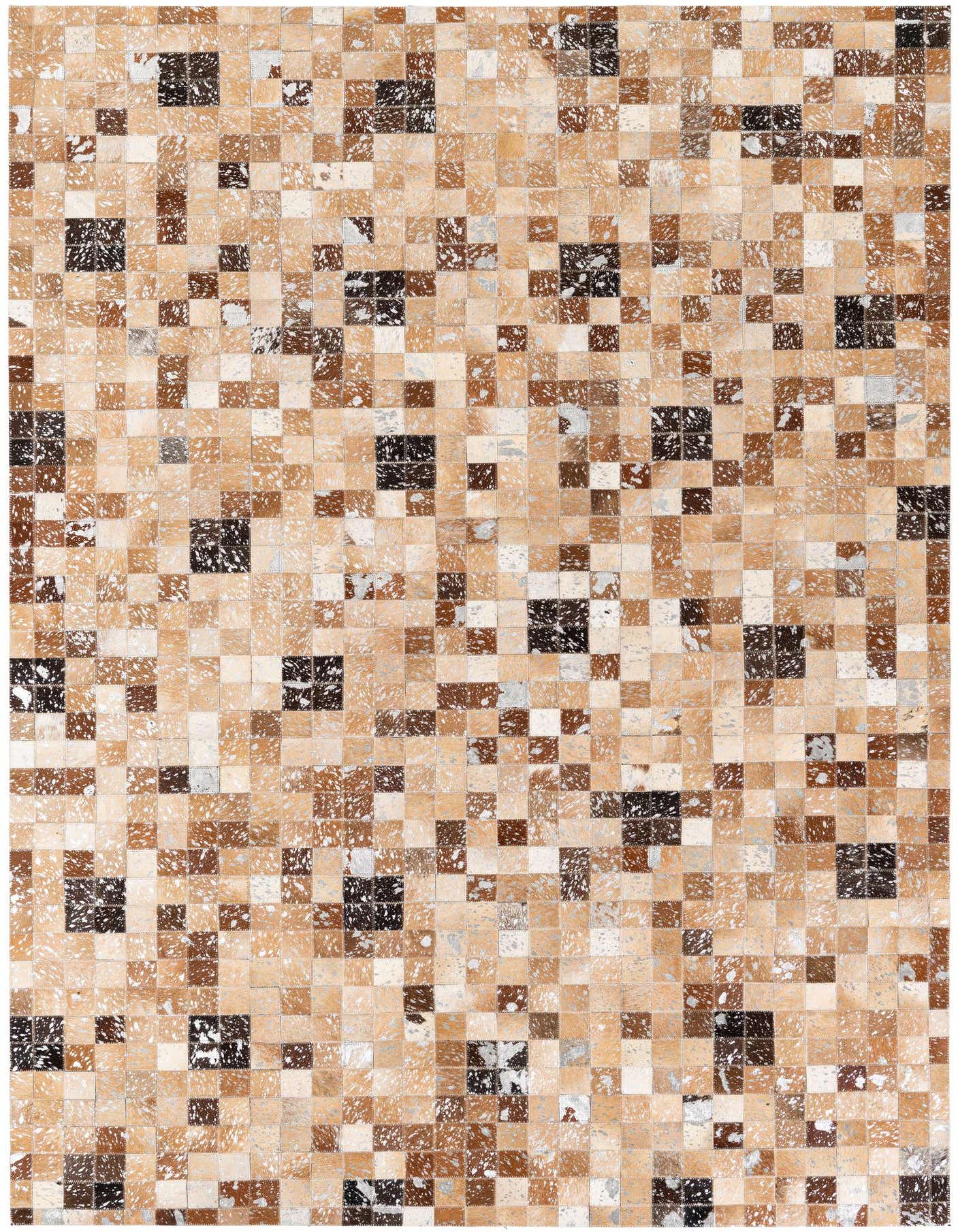 A 5x8 rectangular Cowhide Stocks rug by Rugs.com featuring a modern patchwork of multi-colored cowhide squares in various shades of brown, cream, and black.
