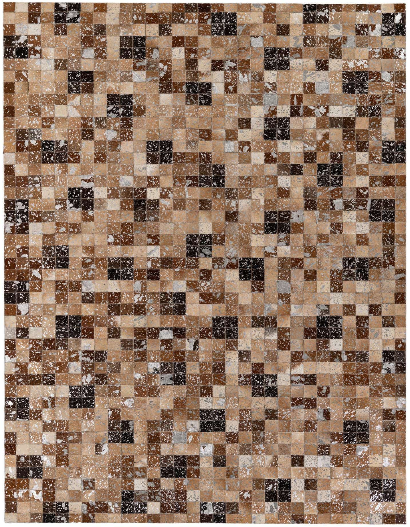 A rectangular 5x8 modern cowhide rug with a multi-colored patchwork pattern in shades of brown, black, and white.