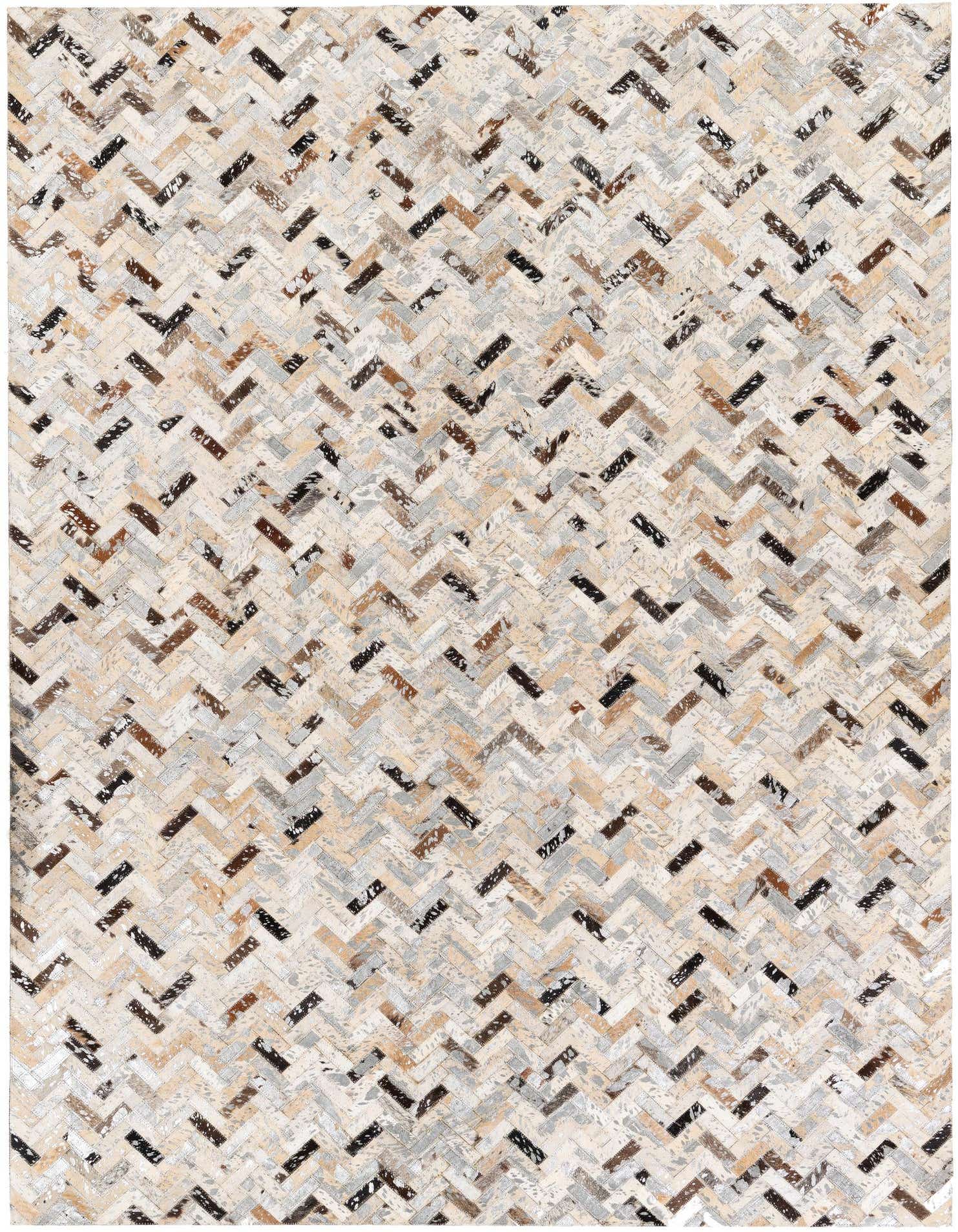 A 5x8 rectangular multi-colored cowhide rug featuring a modern chevron pattern in shades of brown, black, and cream.