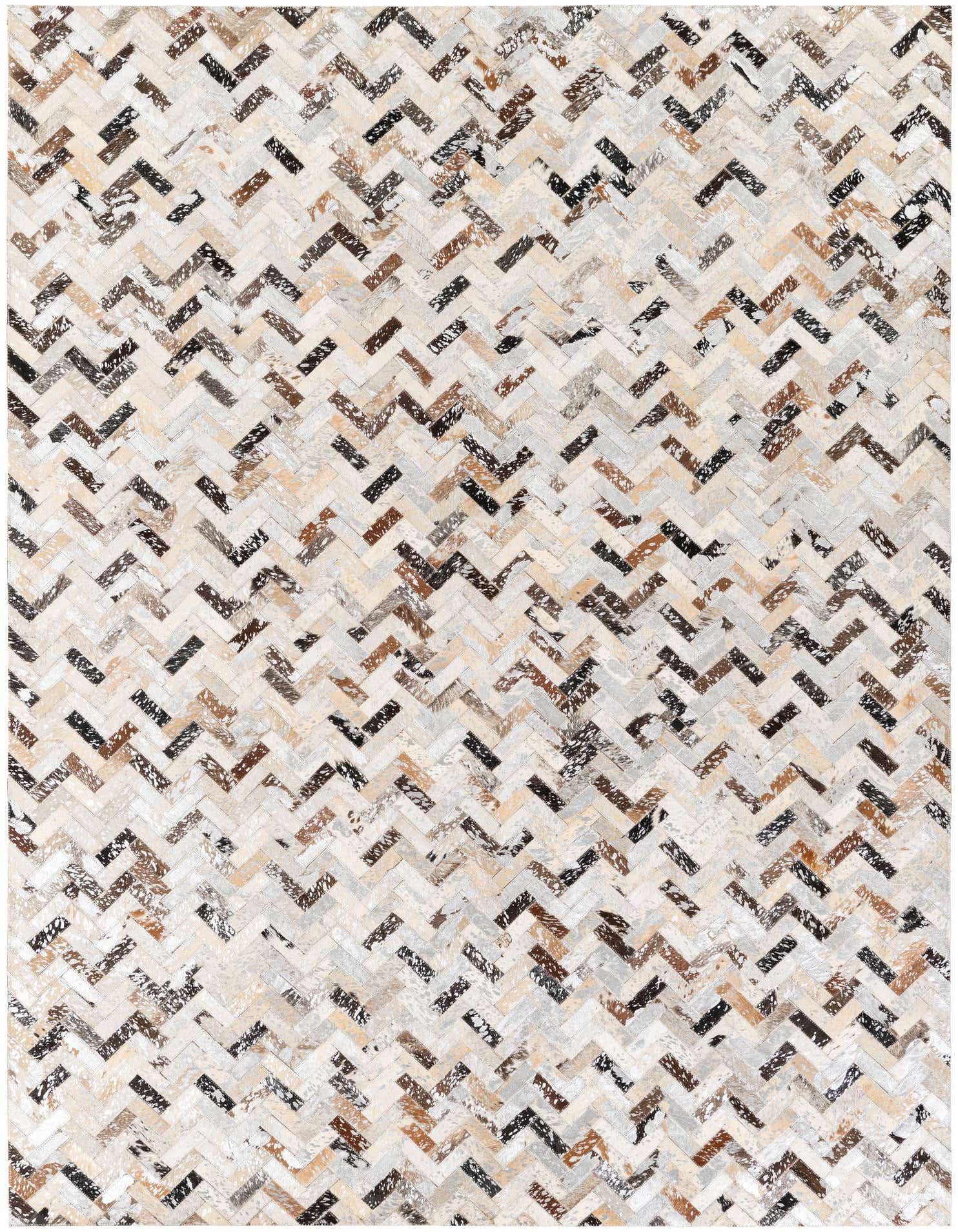 A 5x8 rectangular Cowhide Stocks rug from Rugs.com featuring a multi-colored modern chevron pattern in shades of brown, black, and cream.