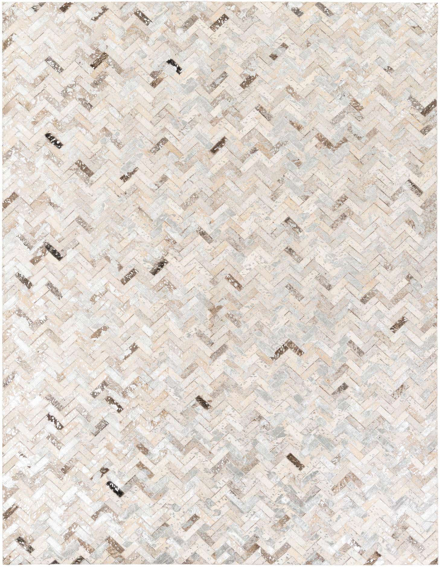 A 5x8 rectangular Cowhide Stocks rug featuring a modern multi-colored herringbone pattern in shades of beige, brown, and grey.