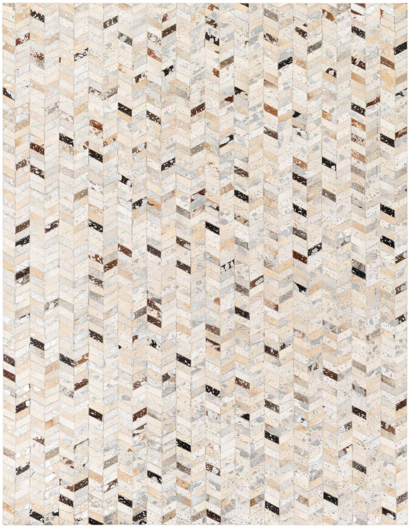 A 5x8 rectangular, multi-colored cowhide rug featuring a modern chevron pattern in various natural brown, beige, and white tones.