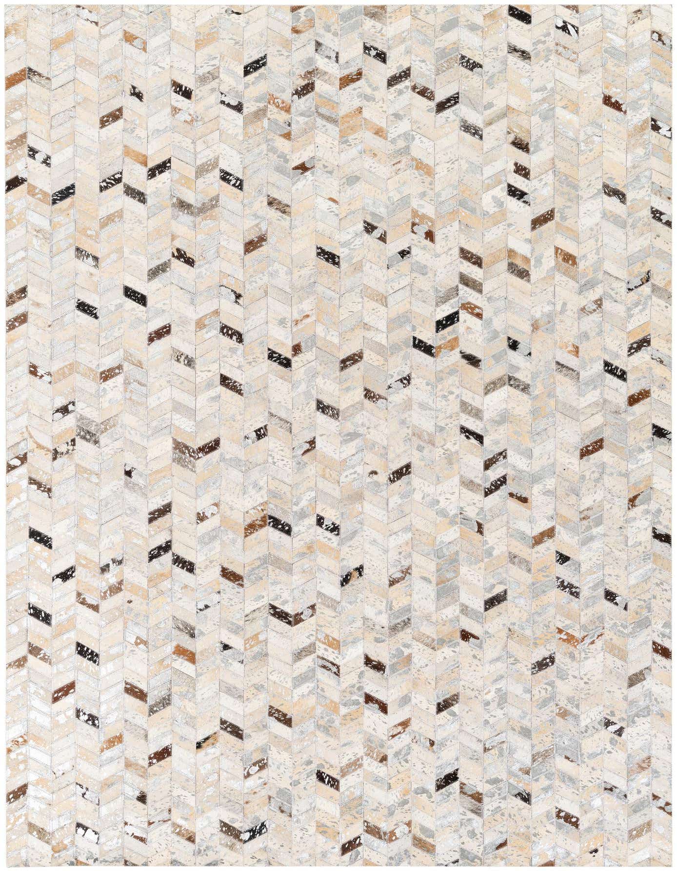 A 5x8 rectangular Cowhide Stocks rug with a modern chevron pattern in multi-colored natural cowhide and leather.