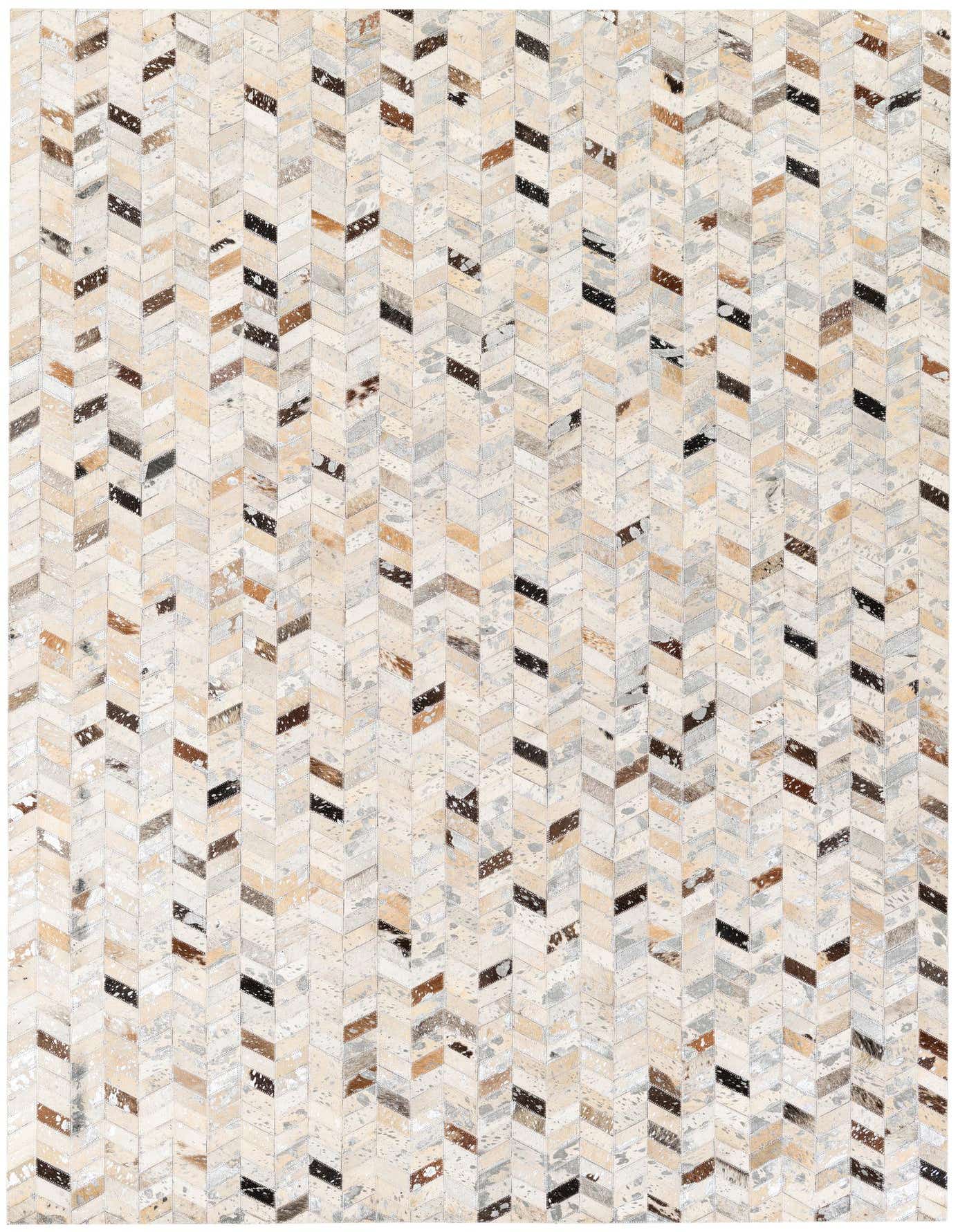 A 5x8 rectangular Cowhide Stocks rug from Rugs.com, featuring a modern chevron pattern in multi-colored natural cowhide and leather.