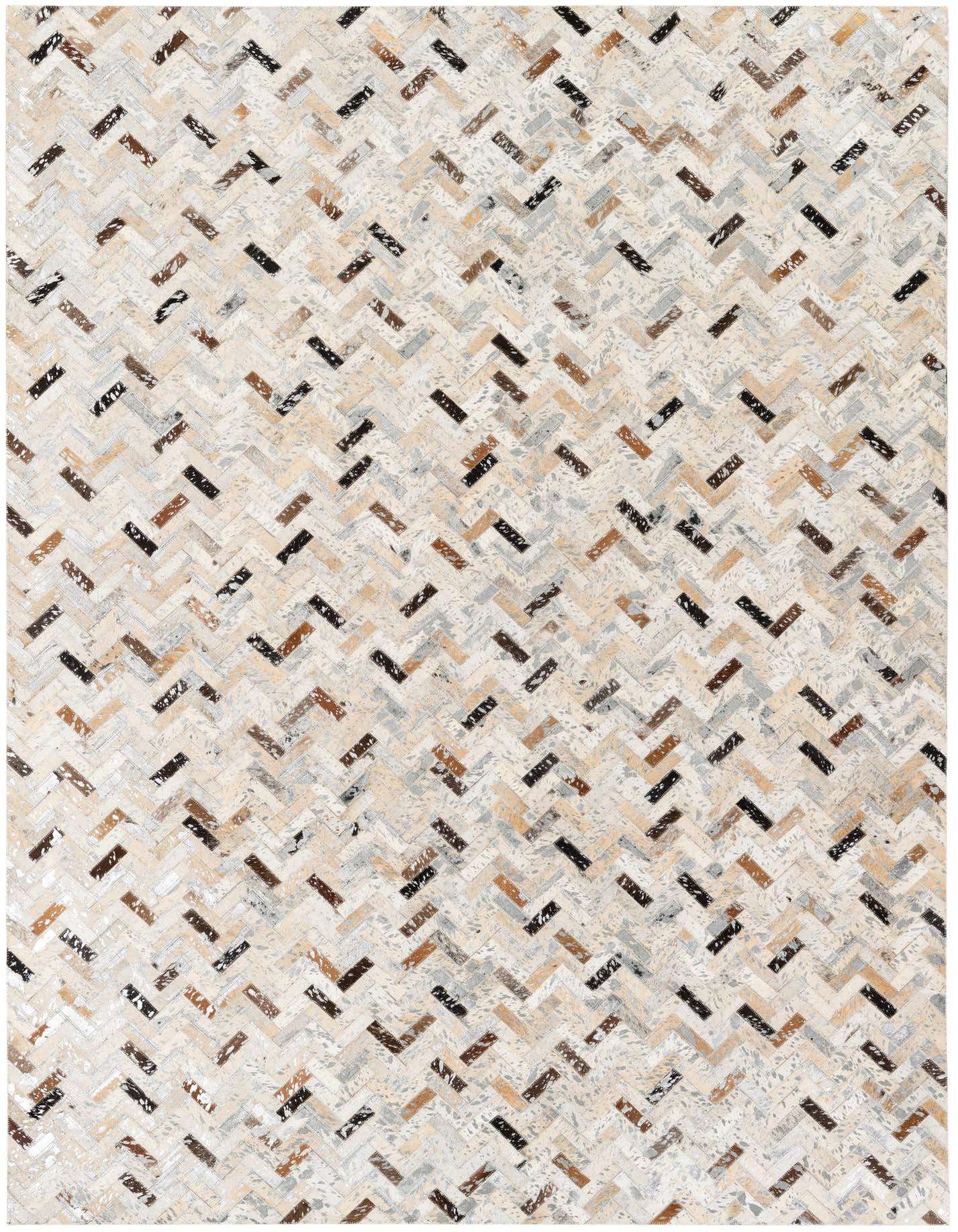 A 5x8 rectangular Cowhide Stocks rug by Rugs.com, featuring a modern multi-colored stripe pattern in various shades of brown, black, and cream.