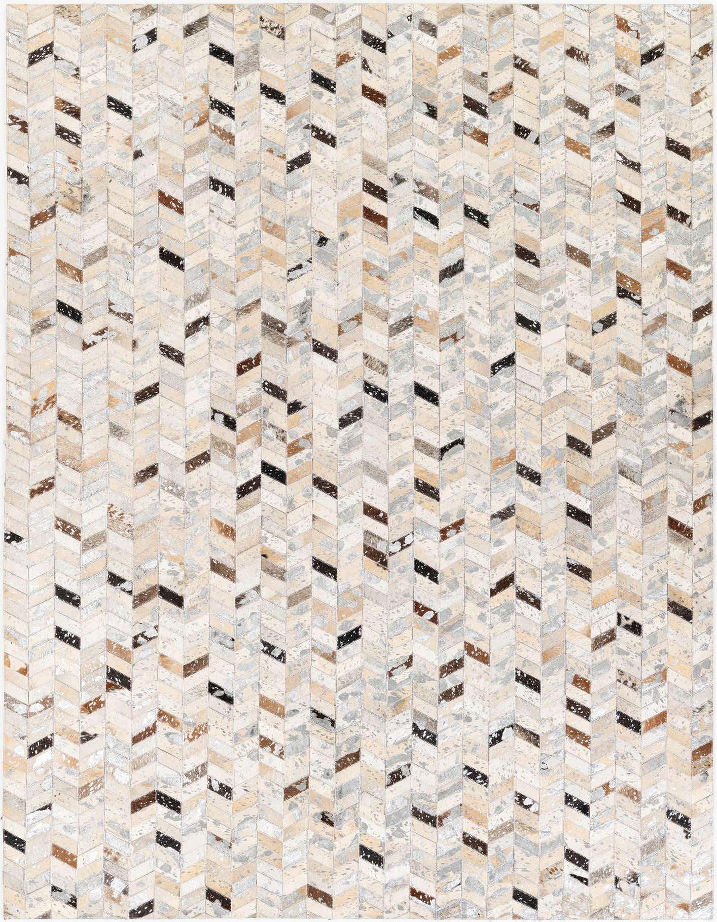 A 5x8 rectangular cowhide rug featuring a modern chevron pattern in various shades of cream, beige, brown, and black.