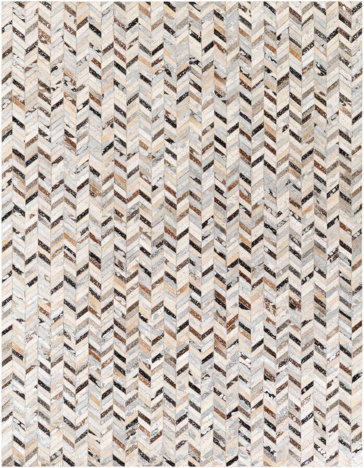 A 5x8 rectangular Cowhide & Leather rug featuring a modern chevron pattern in multi-colored natural tones, perfect for a living room.
