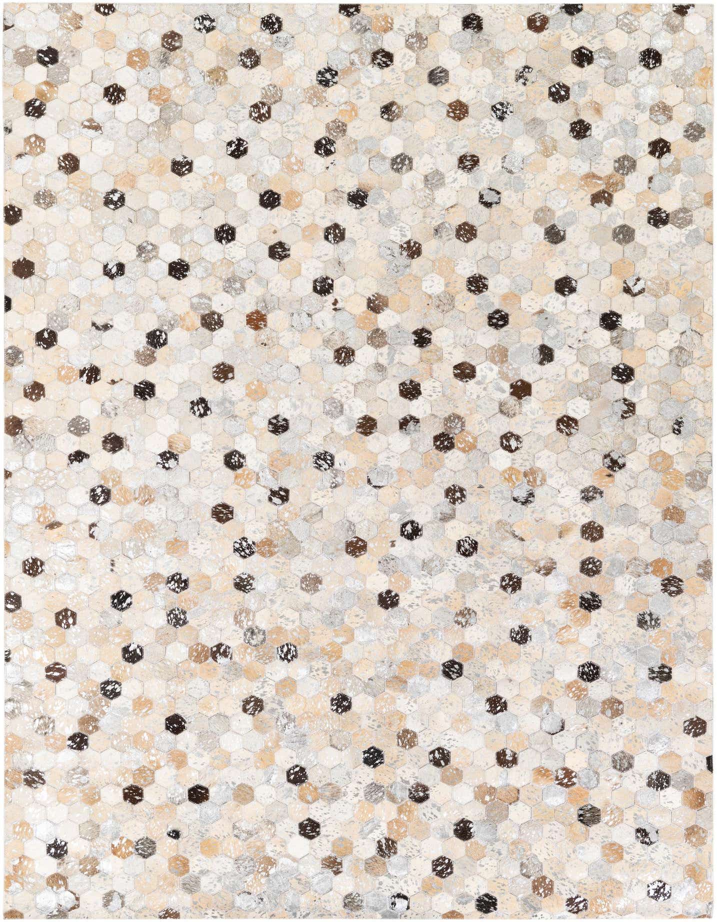 A 5x8 rectangular Cowhide Stocks rug featuring a modern mosaic of multi-colored hexagonal cowhide and leather patches in varying shades of brown, black, cream, and gray.