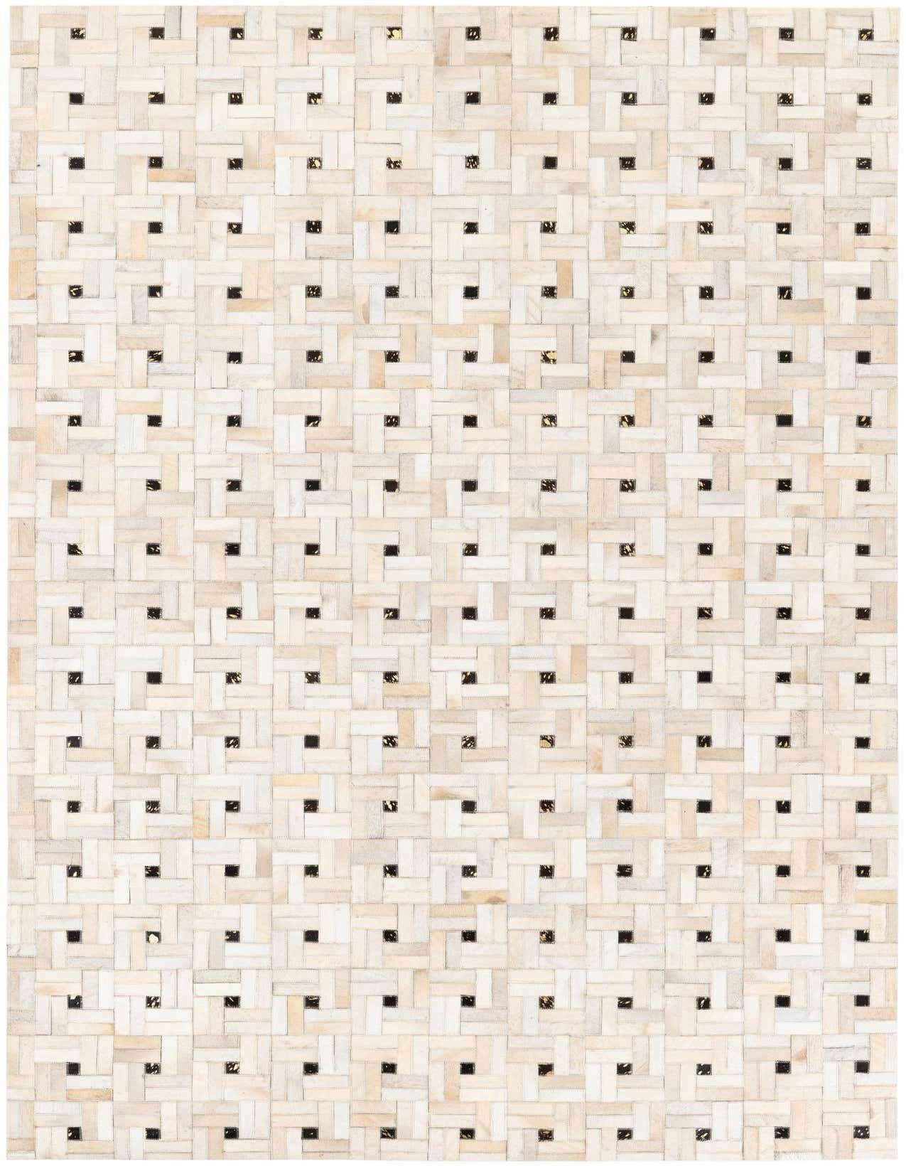 A 5x8 rectangular rug featuring a modern geometric pattern of cream, beige, and light brown cowhide squares interwoven with small dark brown squares.