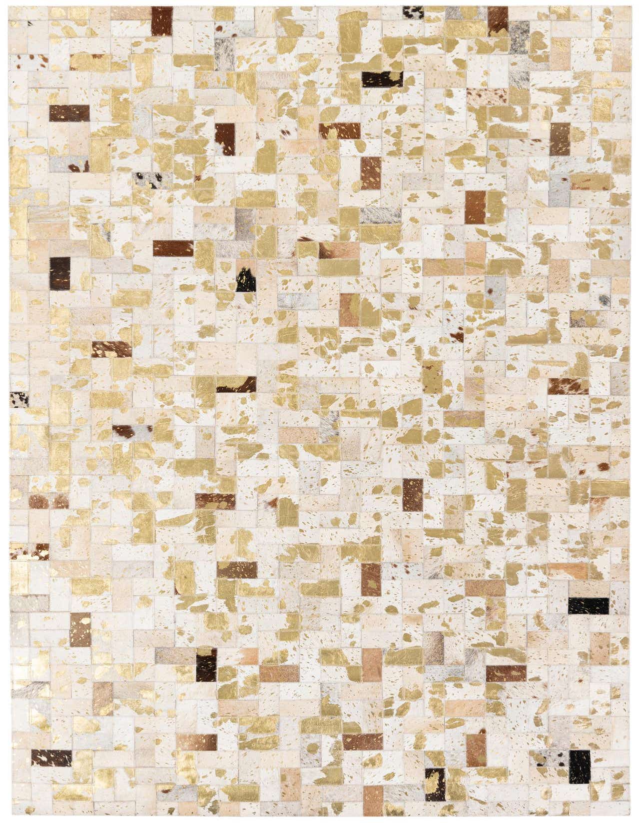 A rectangular 5x8 modern cowhide rug featuring a patchwork of multi-colored natural and metallic gold leather squares.