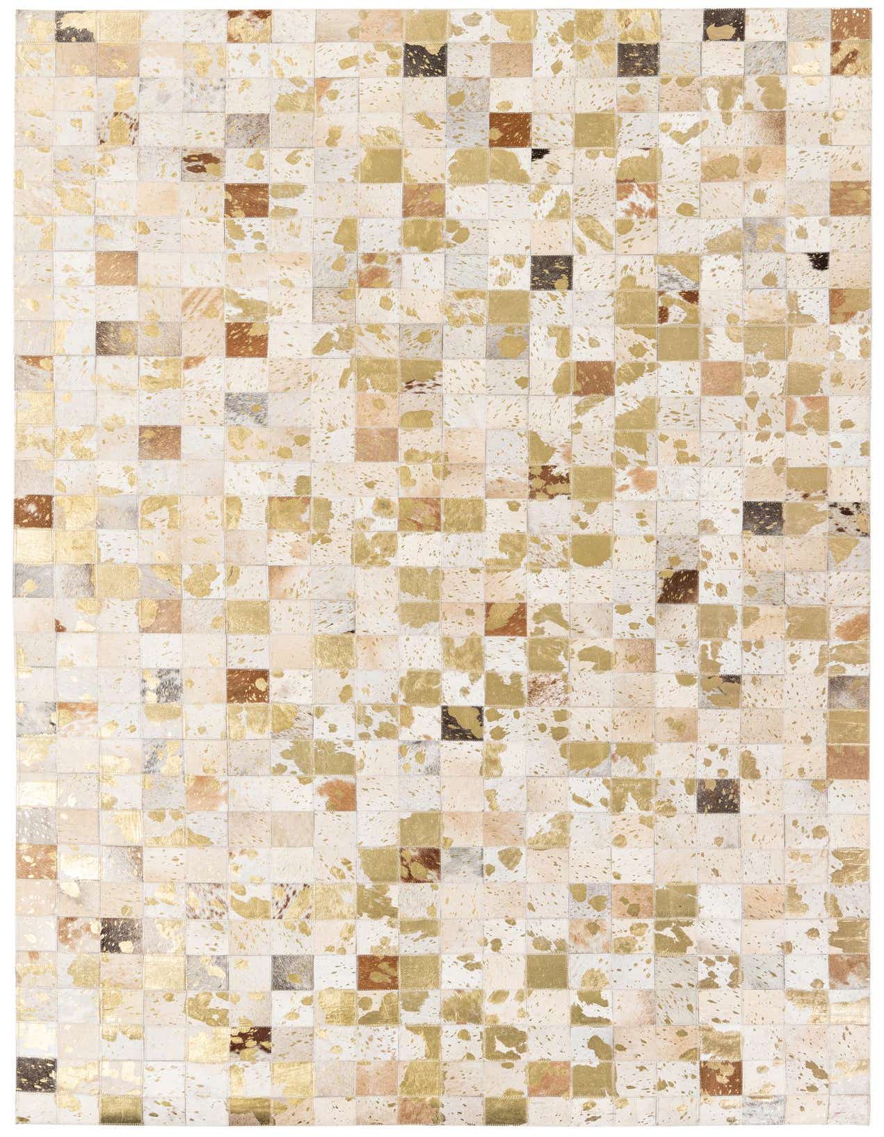 A rectangular 5x8 modern cowhide rug featuring a patchwork of multi-colored squares with metallic gold accents.