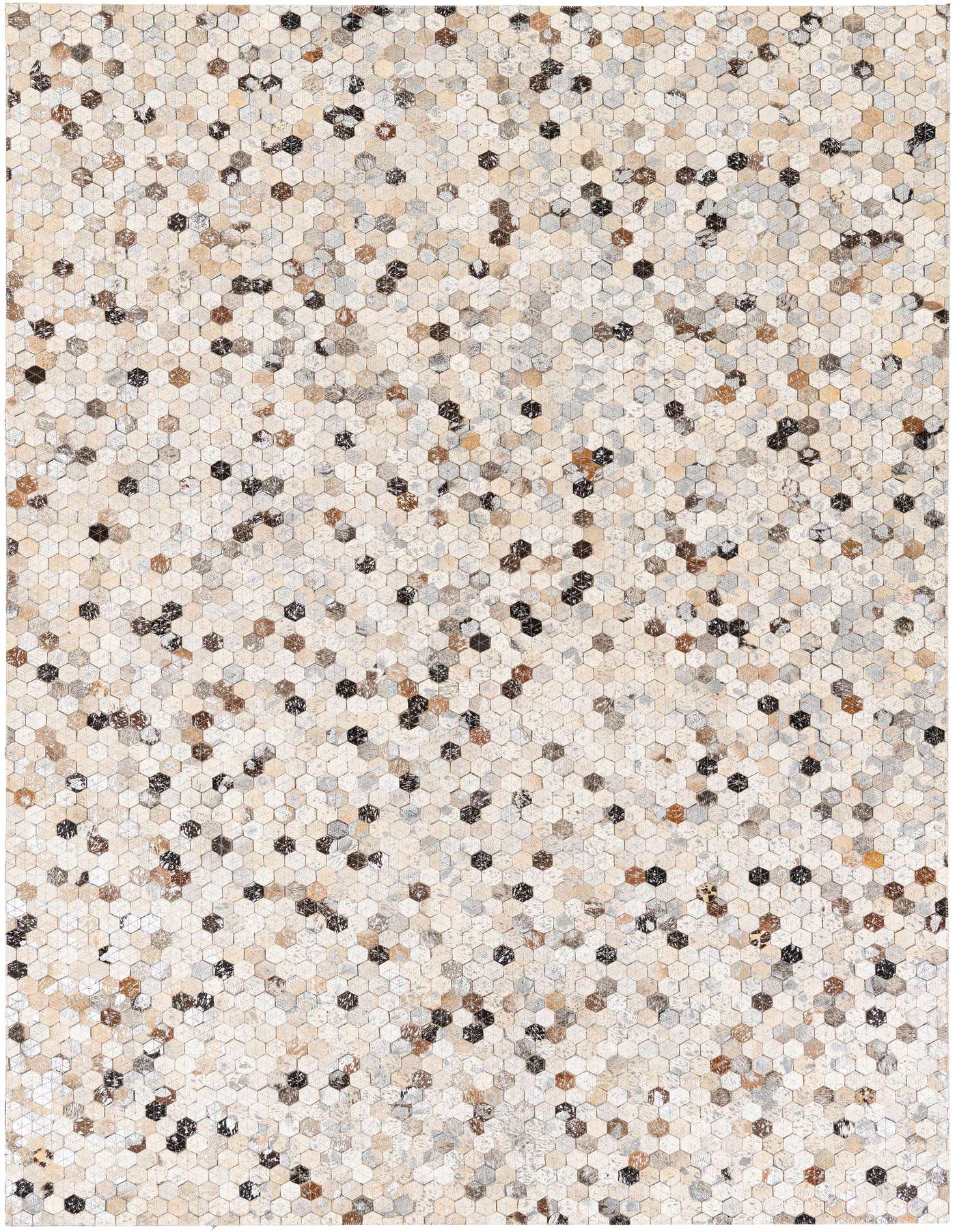 A 5x8 rectangular Cowhide Stocks rug featuring a modern, multi-colored hexagonal patchwork pattern in neutral tones.